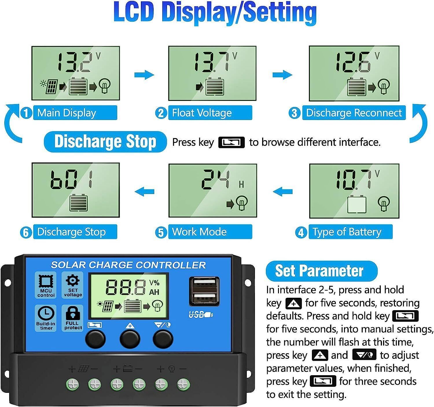 30A PWM Solar Panel Charge Controller 12/24V Auto LCD Display Dual USB Timer Set
