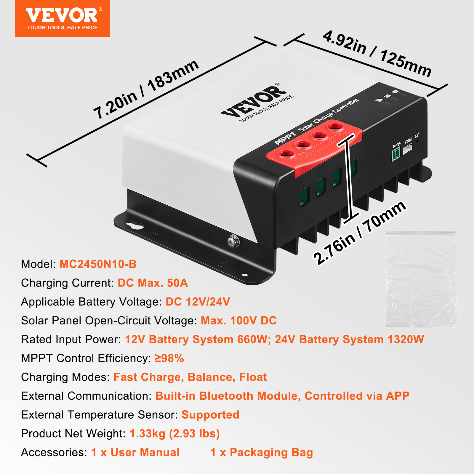 VEVOR MPPT Solar Charge Controller 50 Amp 12V / 24V Auto Solar Panel Controller