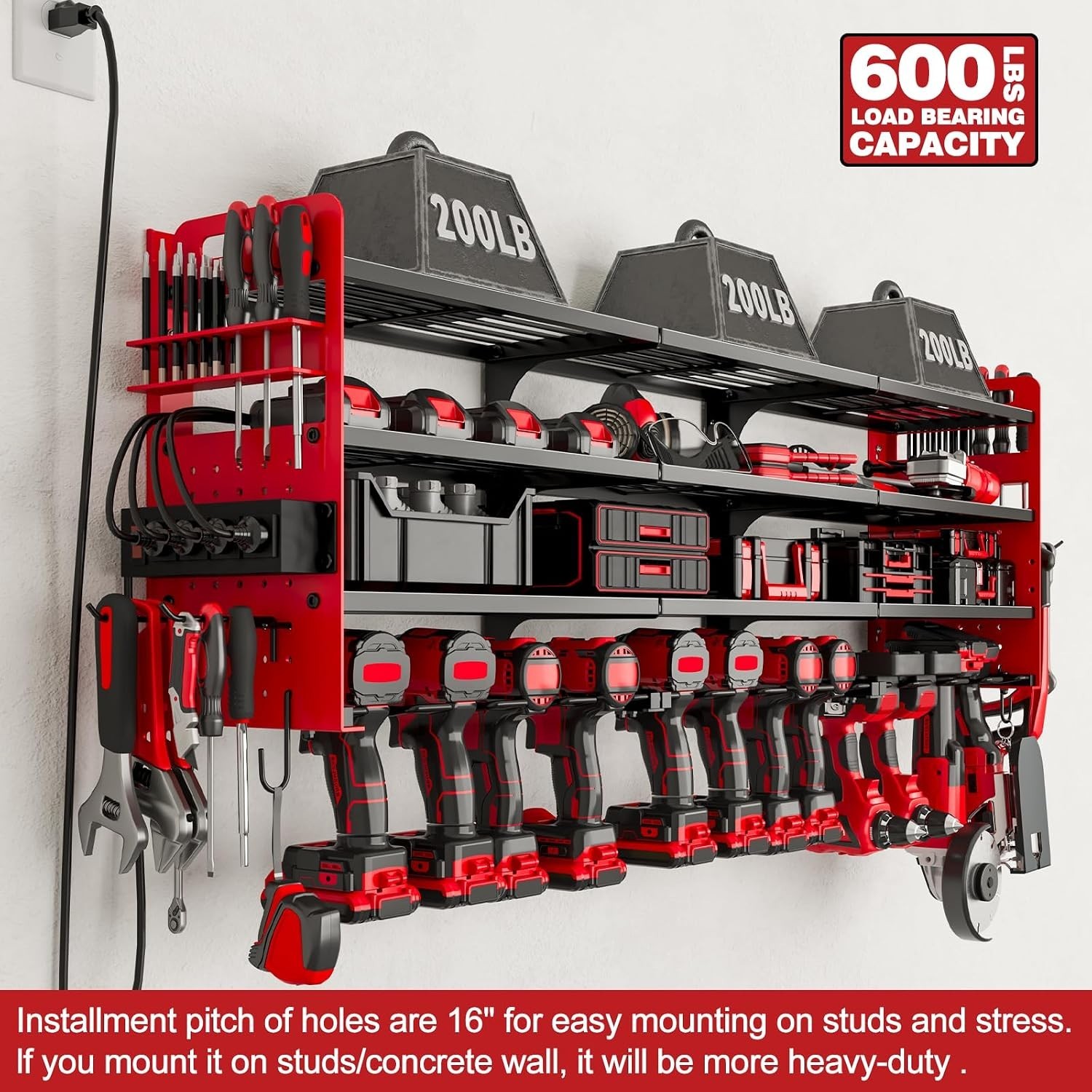 Sturdy Wall-Mounted Tool Rack with Pegboard Design & 4-Outlets for Power Tools
