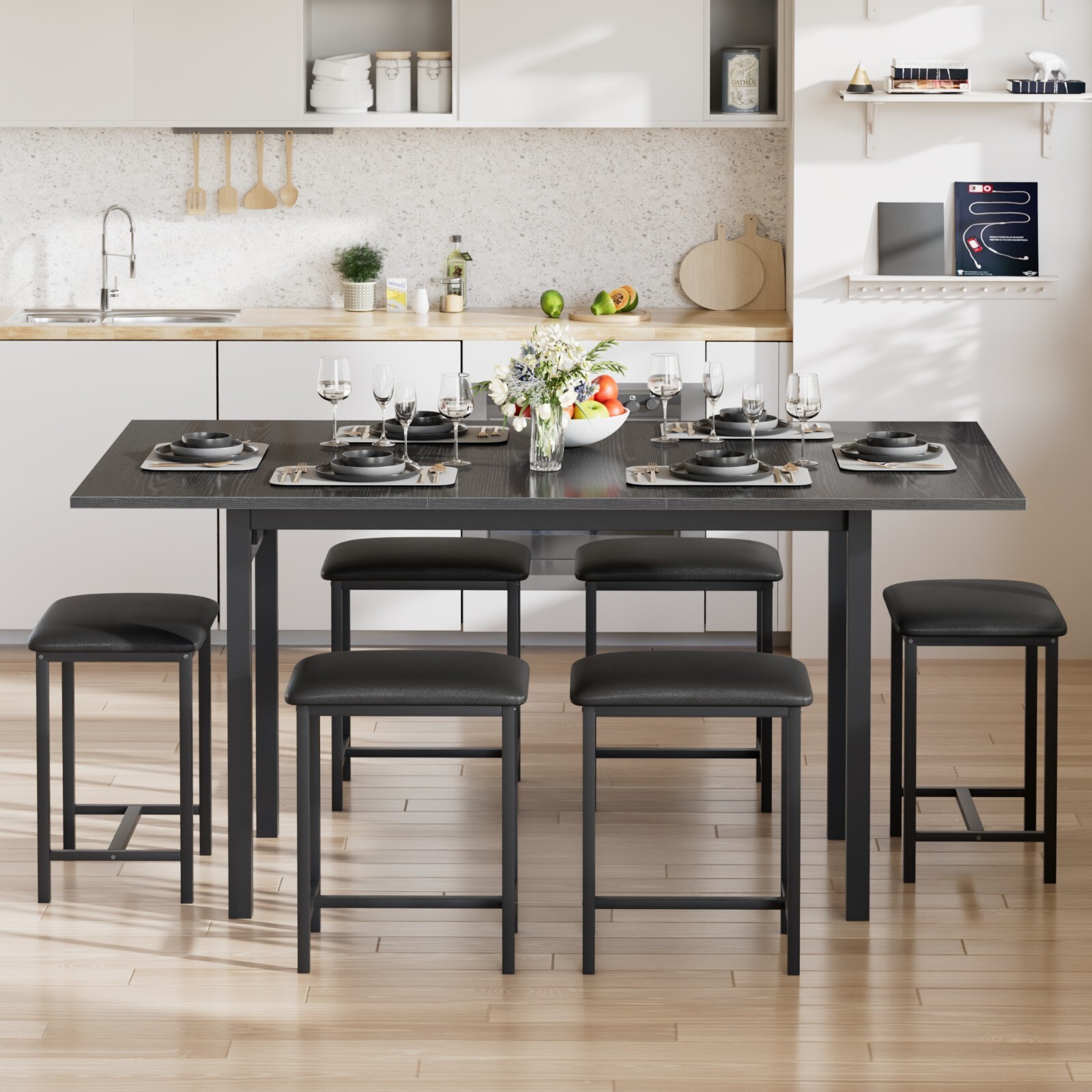 Extendable Dining Table Set with USB Charging, Kitchen Table with 6 Stools Black