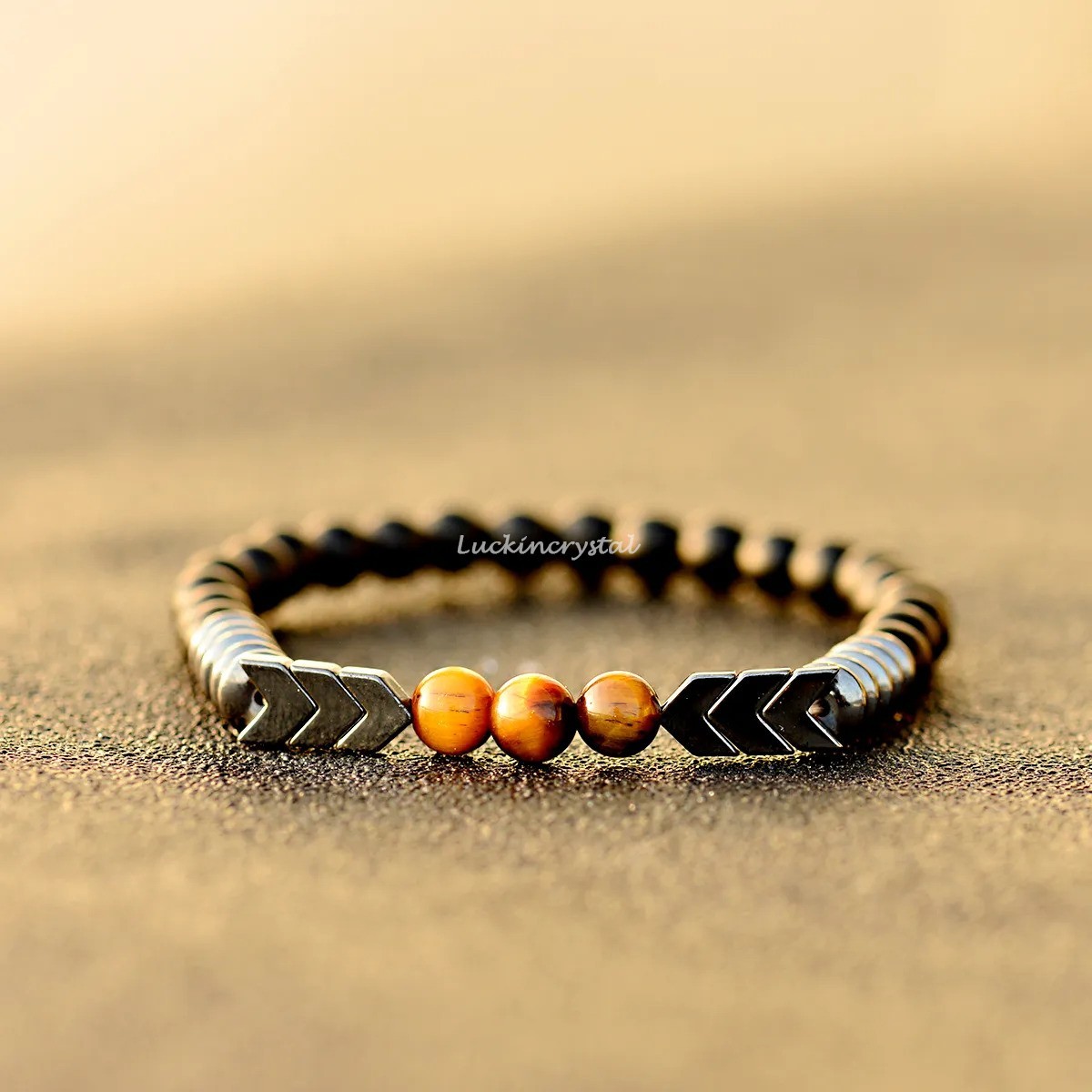 Natural Tiger Eye Hematite Black Tourmaline Beaded Triple Protection Bracelet
