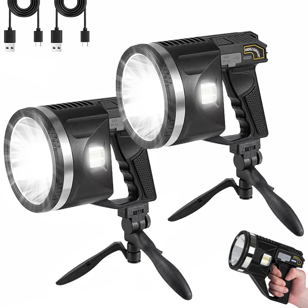 2PKS Bright LED Searchlight Portable Rechargeable Spotlight Handheld Flashlight
