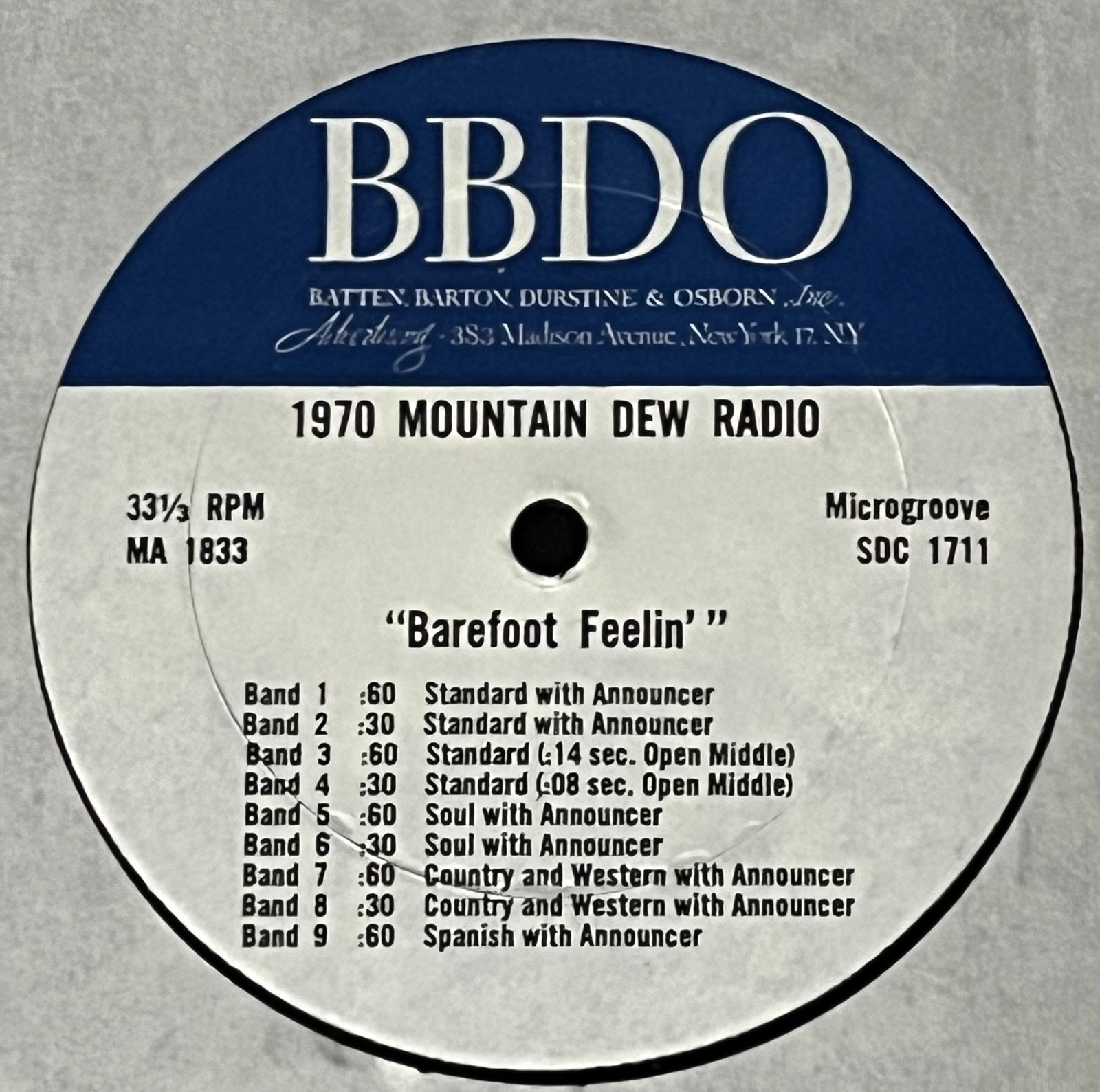 Mountain Dew-RARE 1970 "Barefoot Feelin" One-Sided Radio Commercial LP!