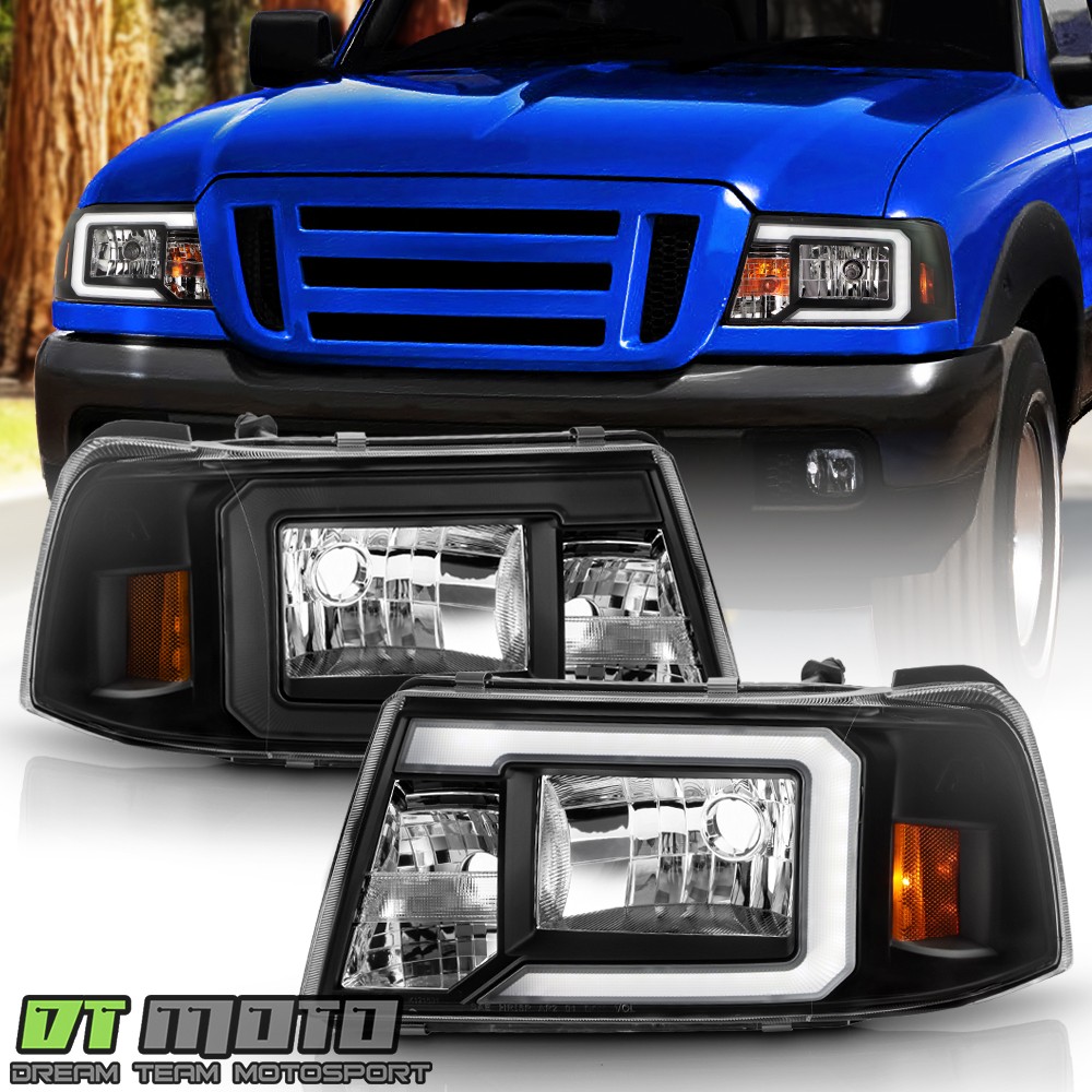 For 2001-2011 Ford Ranger Pickup LED Tube Black Headlights Headlamps Left+Right