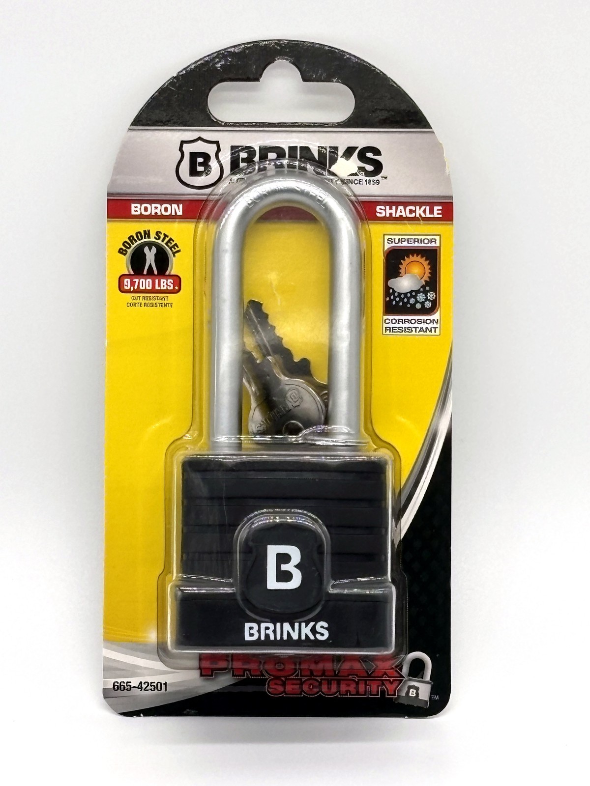 Brinks ProMax 665-42501 Laminated Steel Padlock Boron Long Shackle 9700 lb New