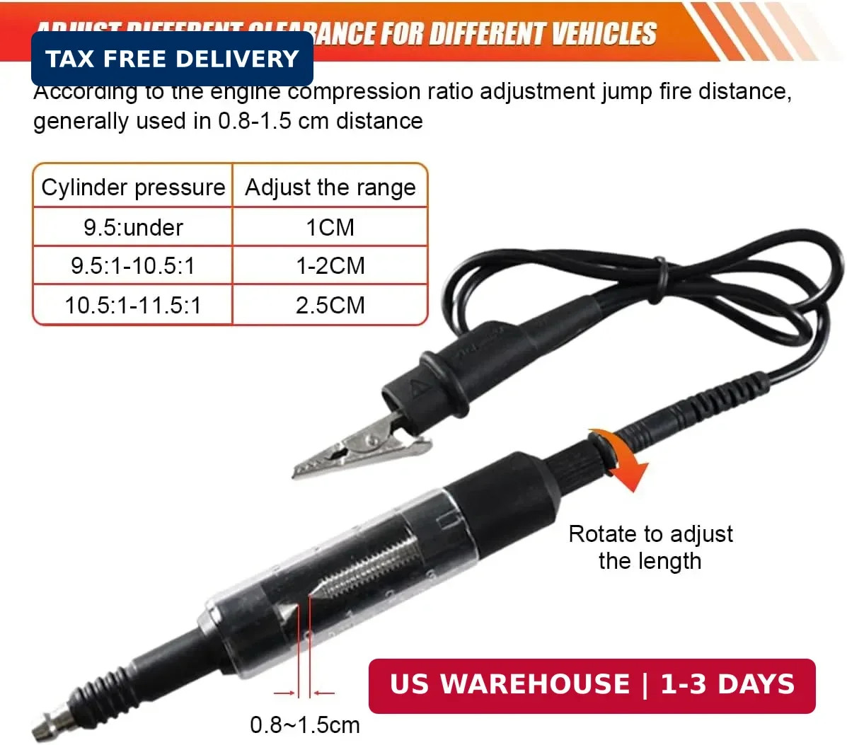 Car Spark Plug Tester Tool, Adjustable Spark Plug Diagnostic Tool with Cable, Au