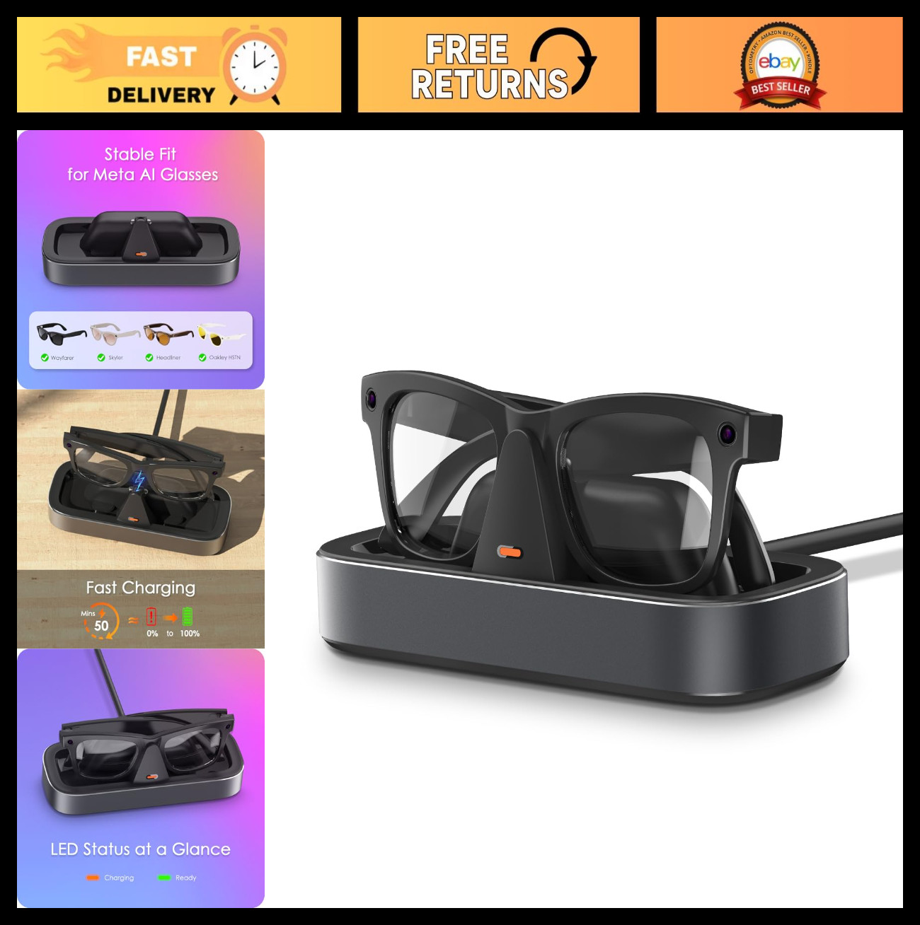 Charging Station for Ray-Ban Glasses - Wayfarer, Skyler, Oakley Meta HSTN, LED I