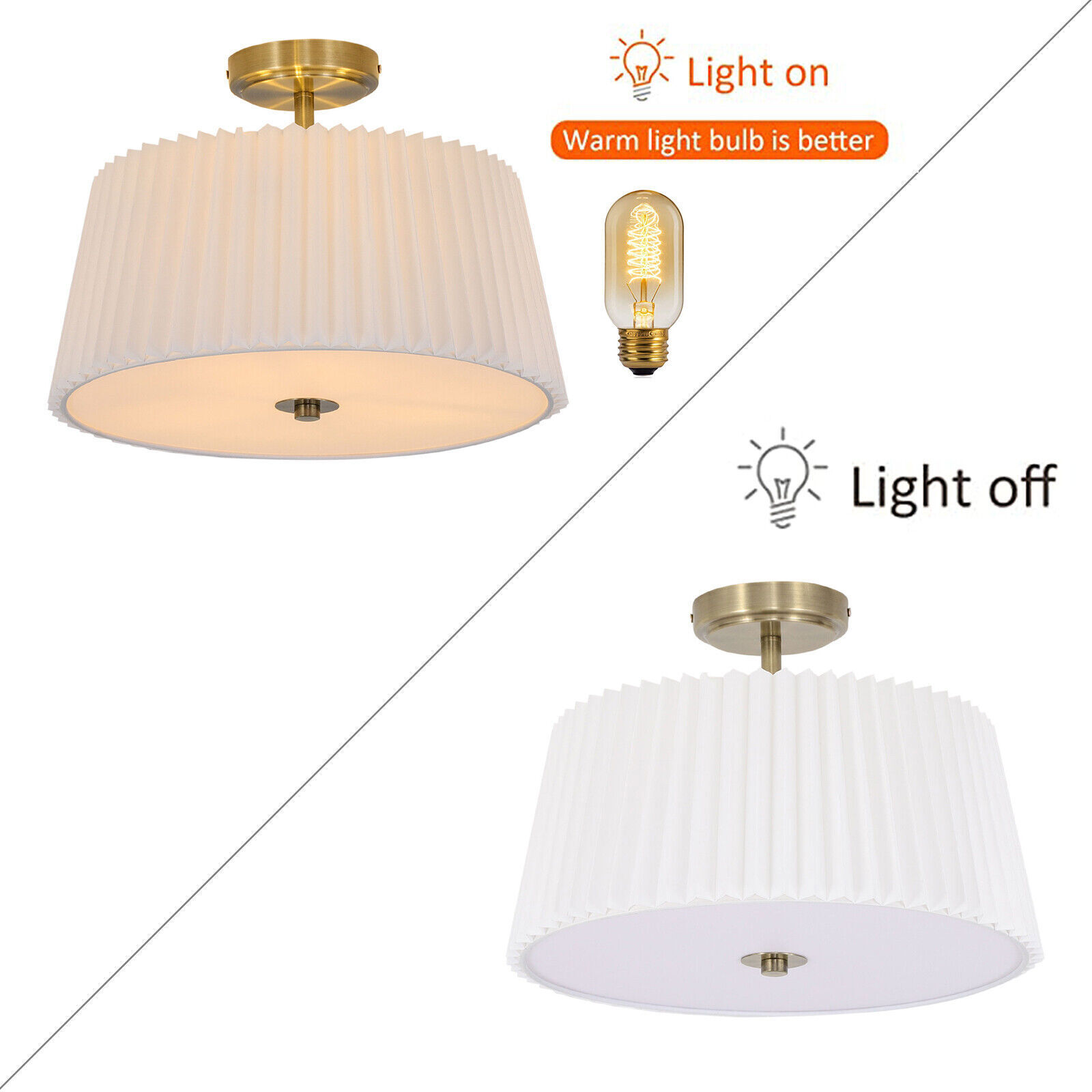 White Simple and Modern Fan-shaped Fabric Semi Flus Ceiling Light Home Decor New