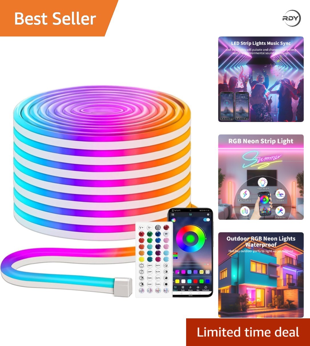 16.4FT RGB Neon LED Strip Lights - App & Remote Control, Waterproof Flexibility