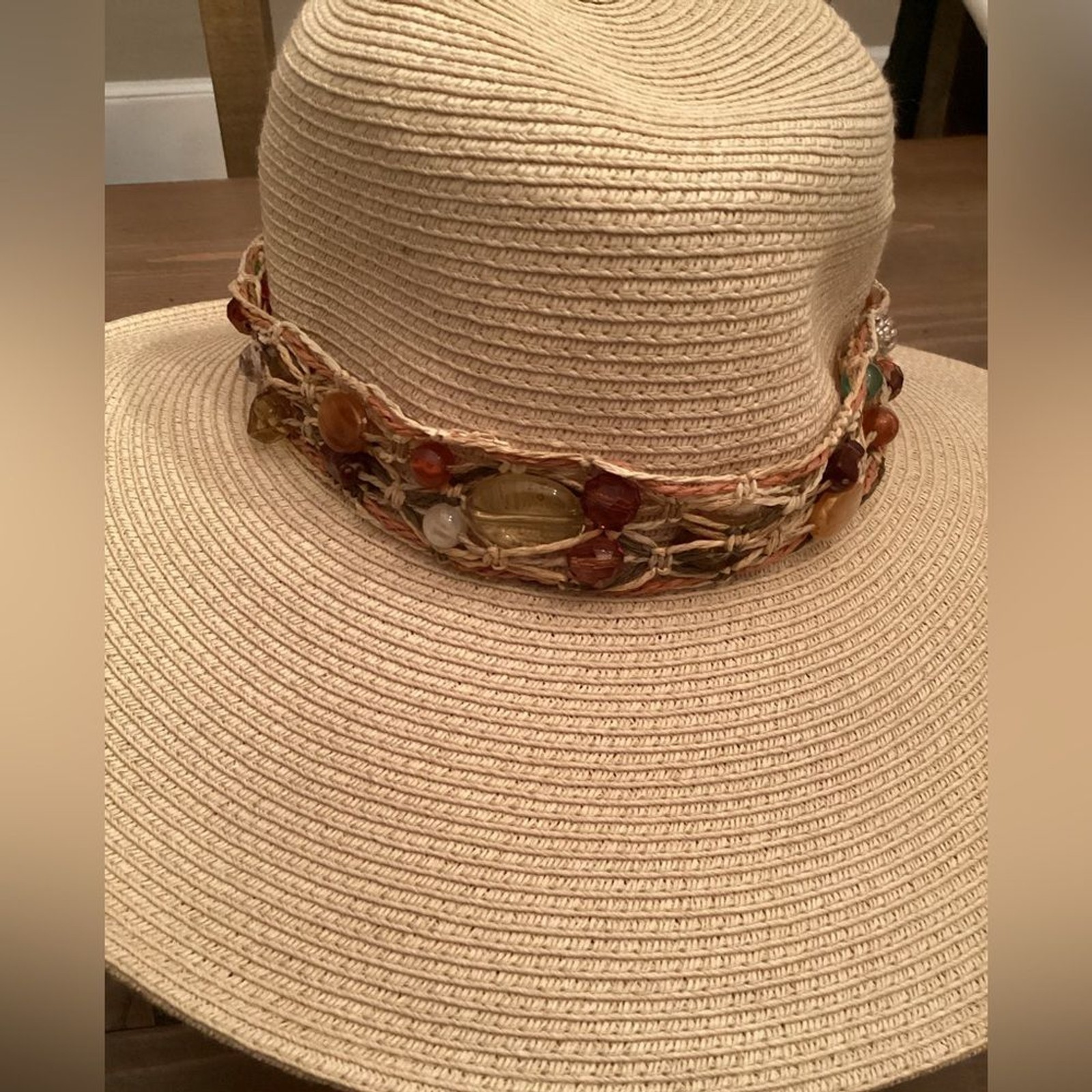SCALA PAPER STRAW WIDE BRIMMED SUN HAT BEADED BAND