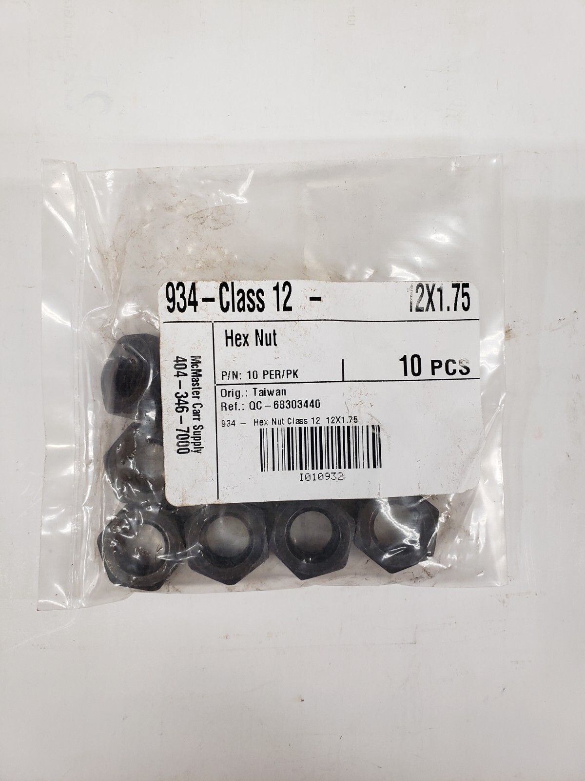 Pk/10 McMaster 934 M12 x 1.75 Coarse Thread Hex Nut Class 12 Hex Nut Black Oxide