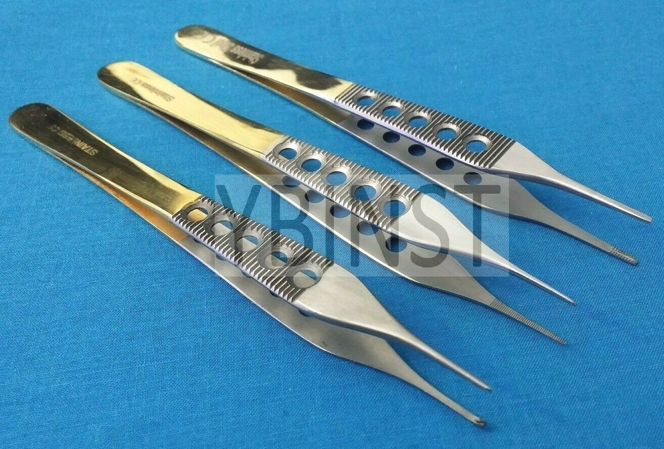 3 PCS ADSON DRESSING +BROWN+TISSUE PLASTIC SURGERY FORCEPS 6" GOLD HANDLE