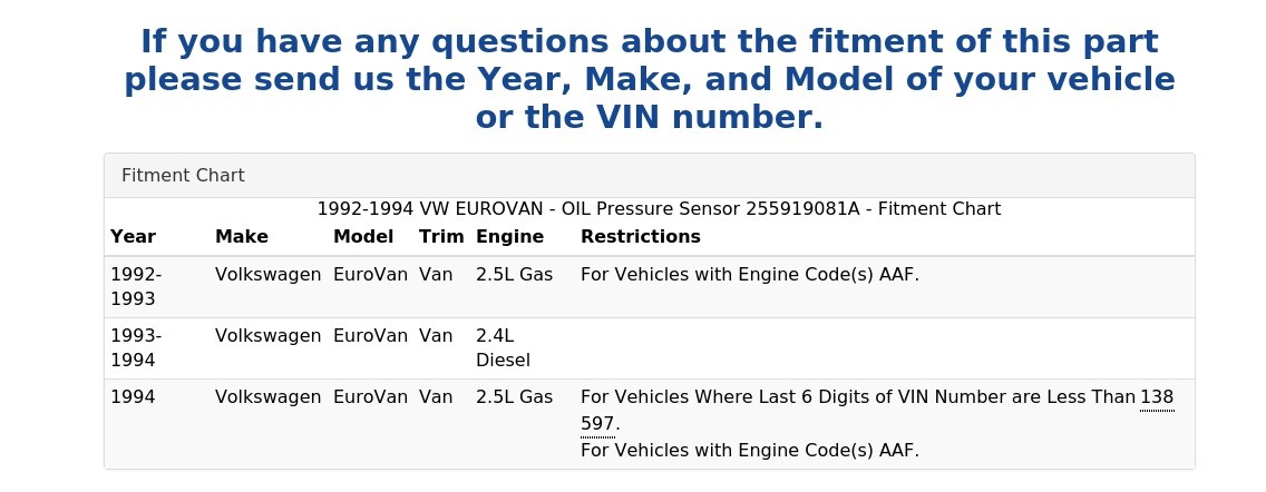 1992-1994 VW EUROVAN - OIL Pressure Sensor 255919081A
