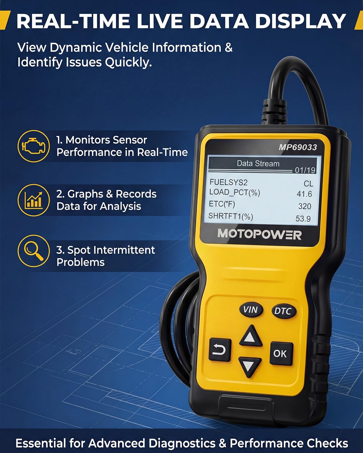 MOTOPOWER MP69033 Car OBD2 Scanner Code Reader Engine Fault Portable, Yellow