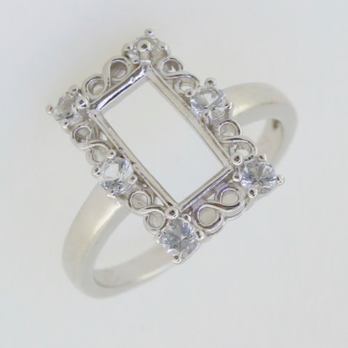 Sterling Silver Semi Mount Ring Setting Emerald OCT 10x6mm Art Deco Style