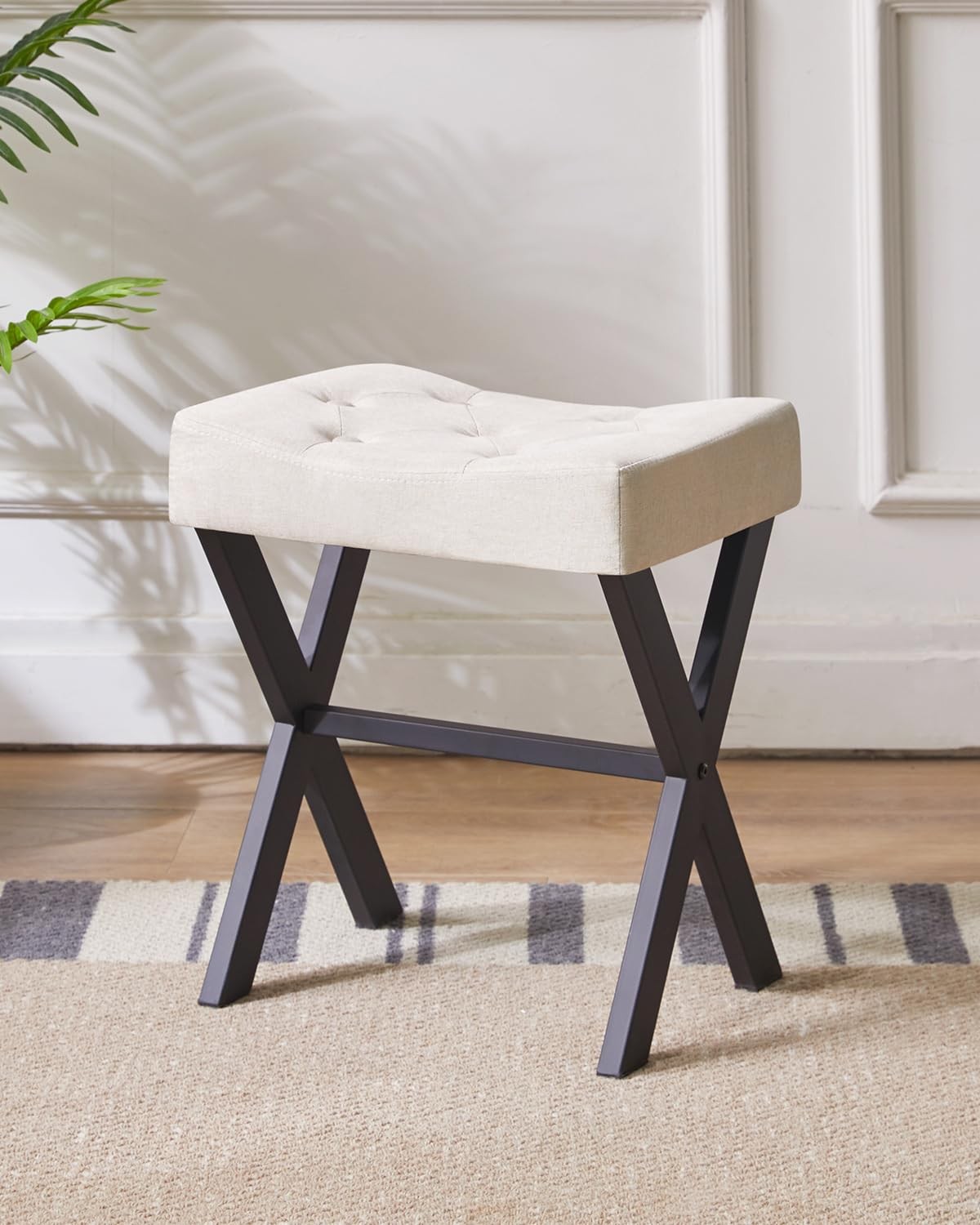 Linen U-Shaped Vanity Stool Square Makeup Chair with Metal X-Leg Ottoman