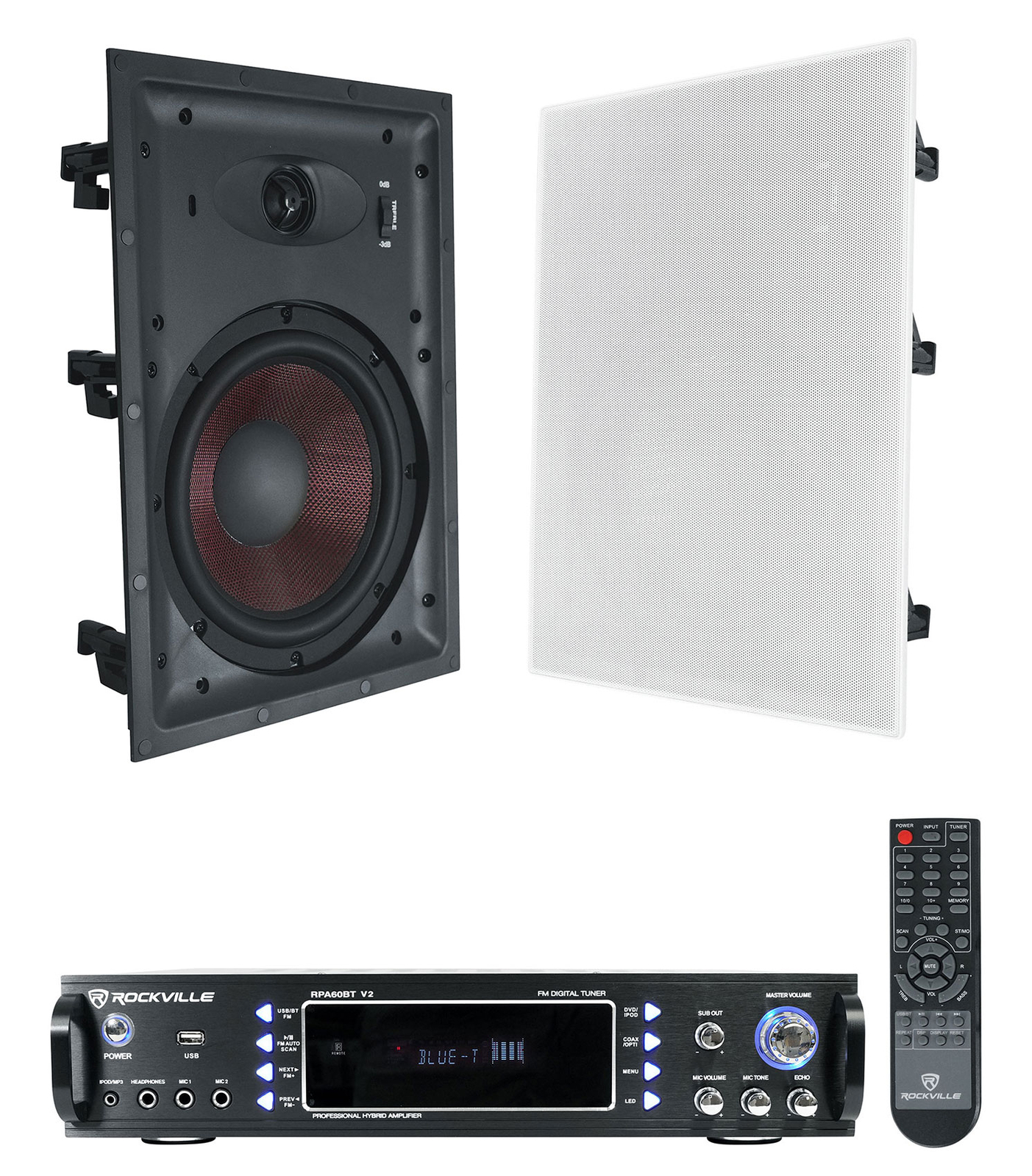 Rockville RPA60BT V2 1000w USB Bluetooth Home Receiver+(2) 8" In-Wall Speakers
