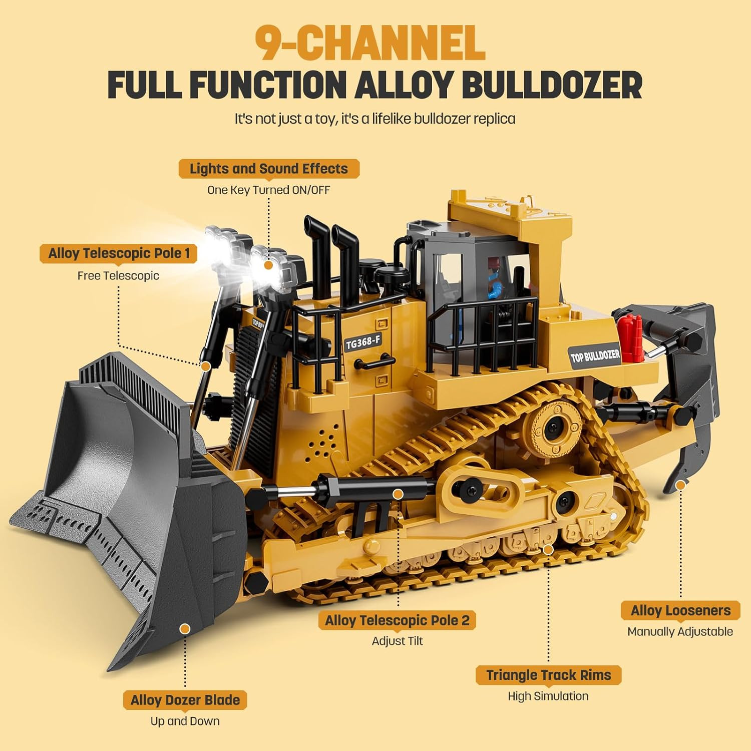 Metal RC Bulldozer Toy for Kids | 9-Channel Remote Control Track-Type Tractor wi