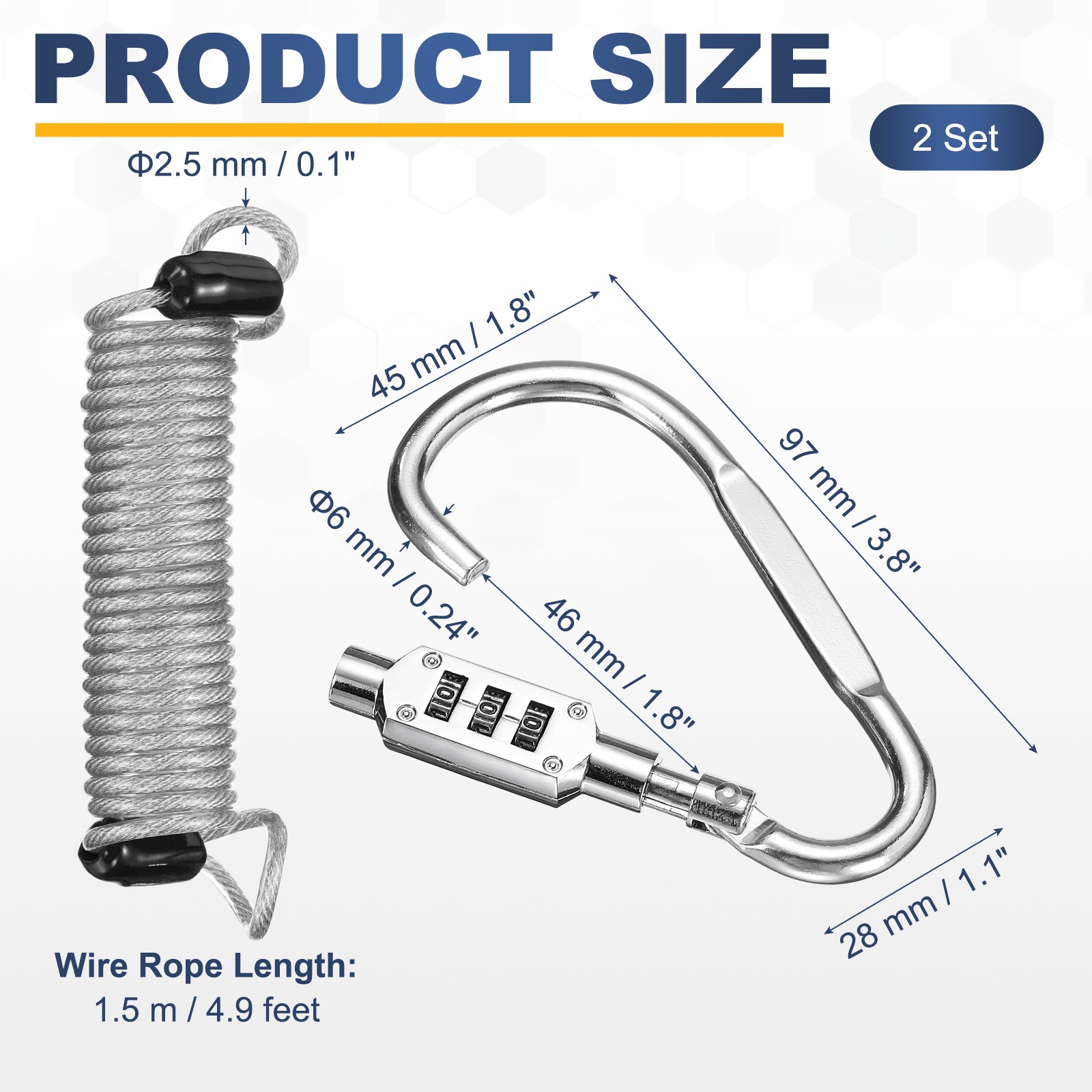 2 Set 4.9Ft Cable Lock Steel Safety Cable with 3.8" Combination Lock Silver