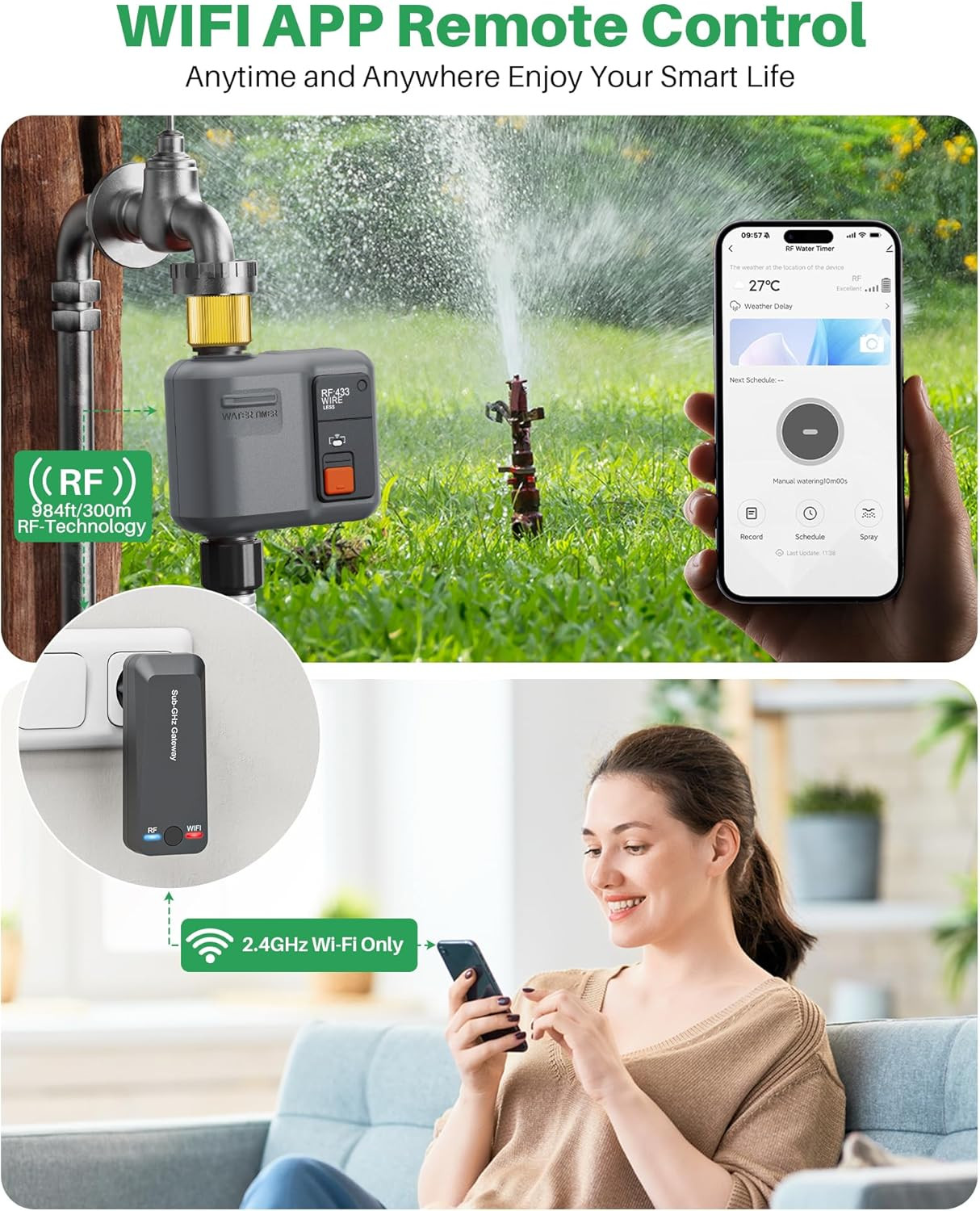 WiFi Water Timer for Garden Hose, WiFi Sprinkler Controller with 984ft RF Range,