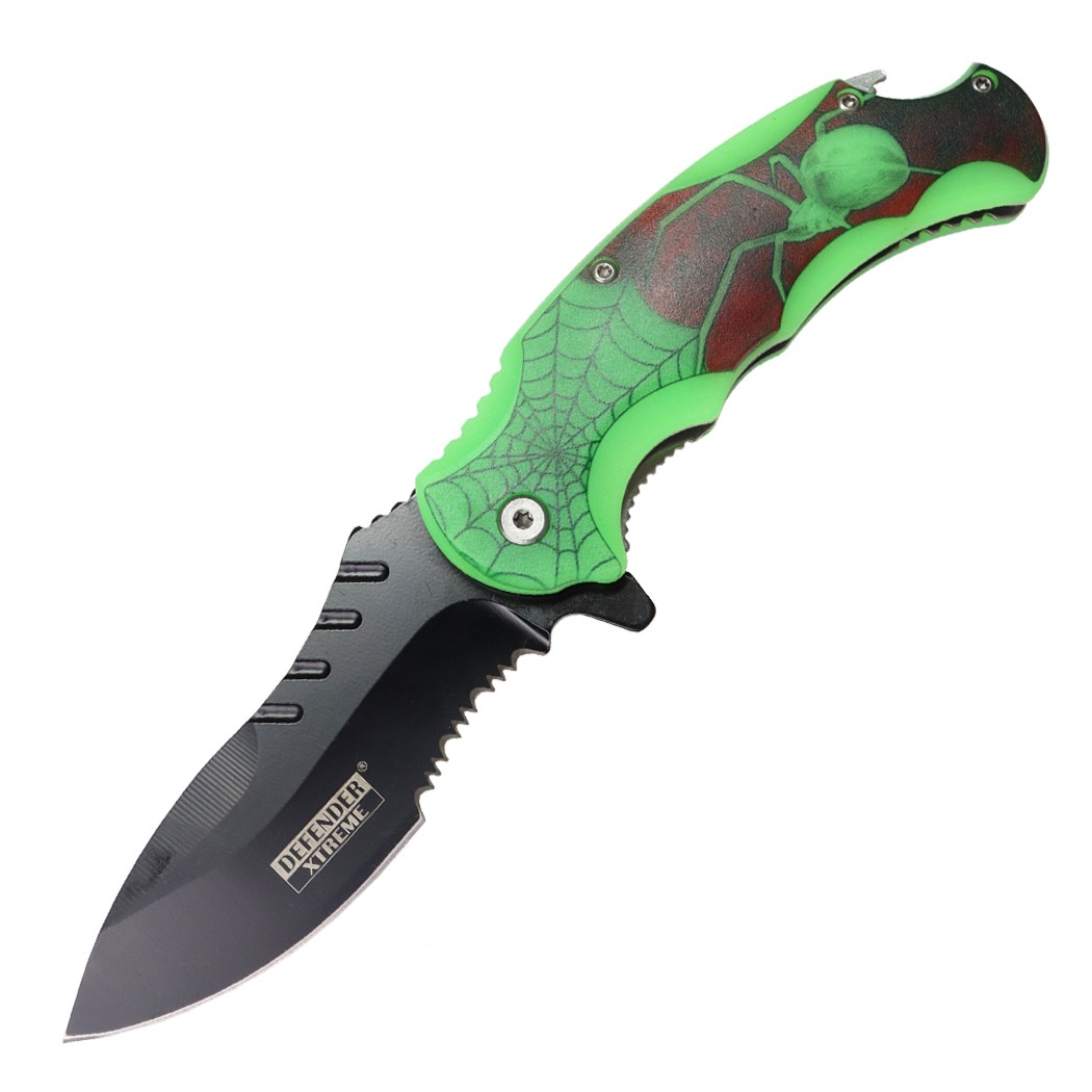 Defender-Xtreme 8"" Spider Design & Bottle Opener Handle Spring Assisted Folding