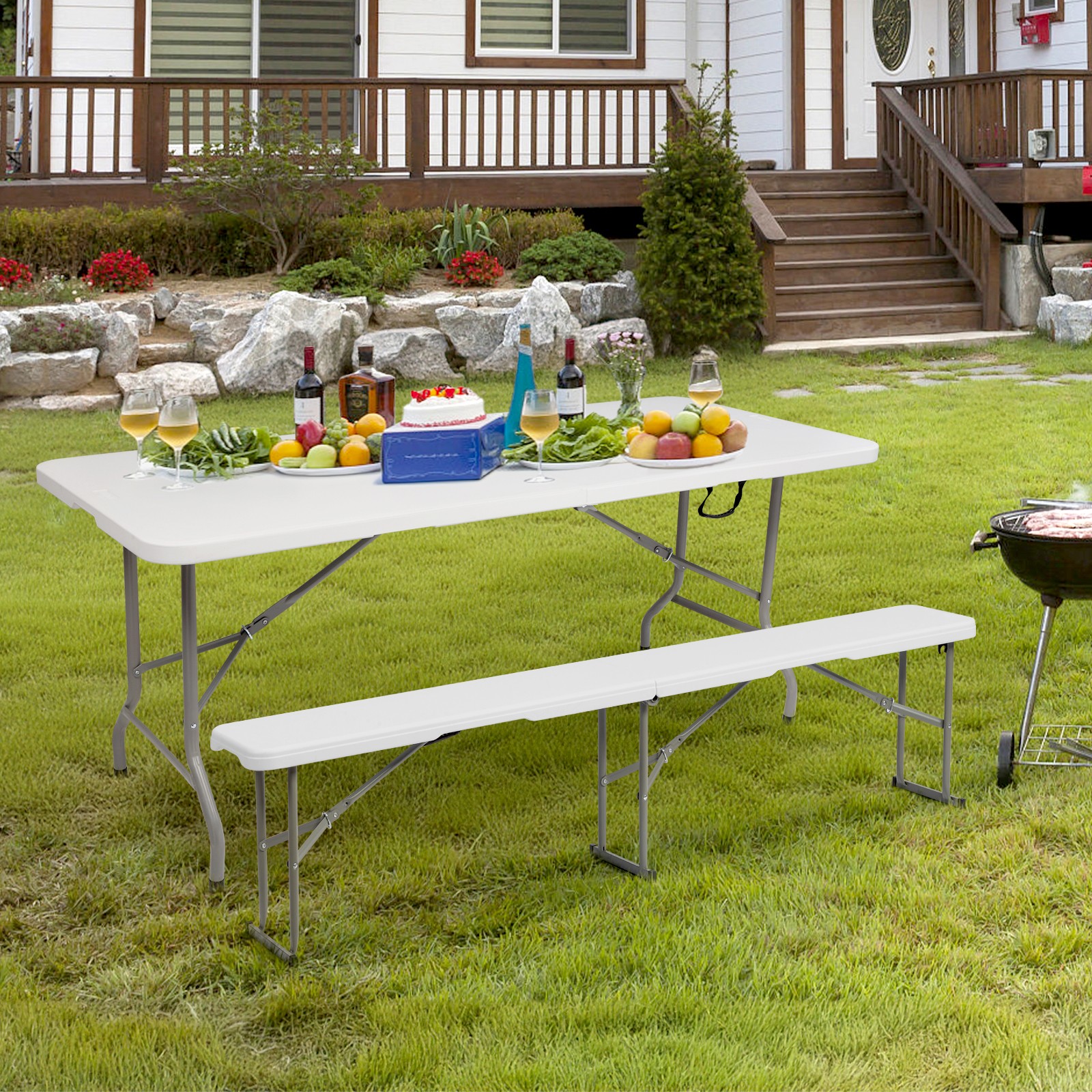 Portable 6 FT Plastic Patio Foldable Bench Tabletop for In/Outdoor Garden Party
