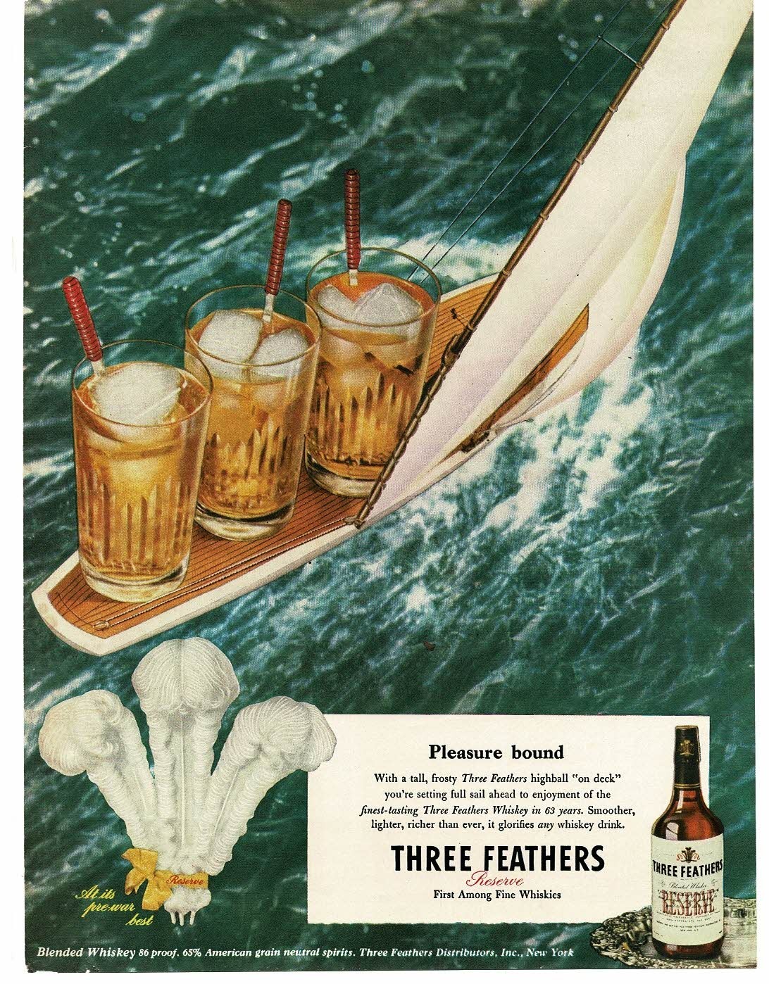 1946 Three Feathers Reserve Whiskey Highballs on model Sailboat Vintage Print Ad