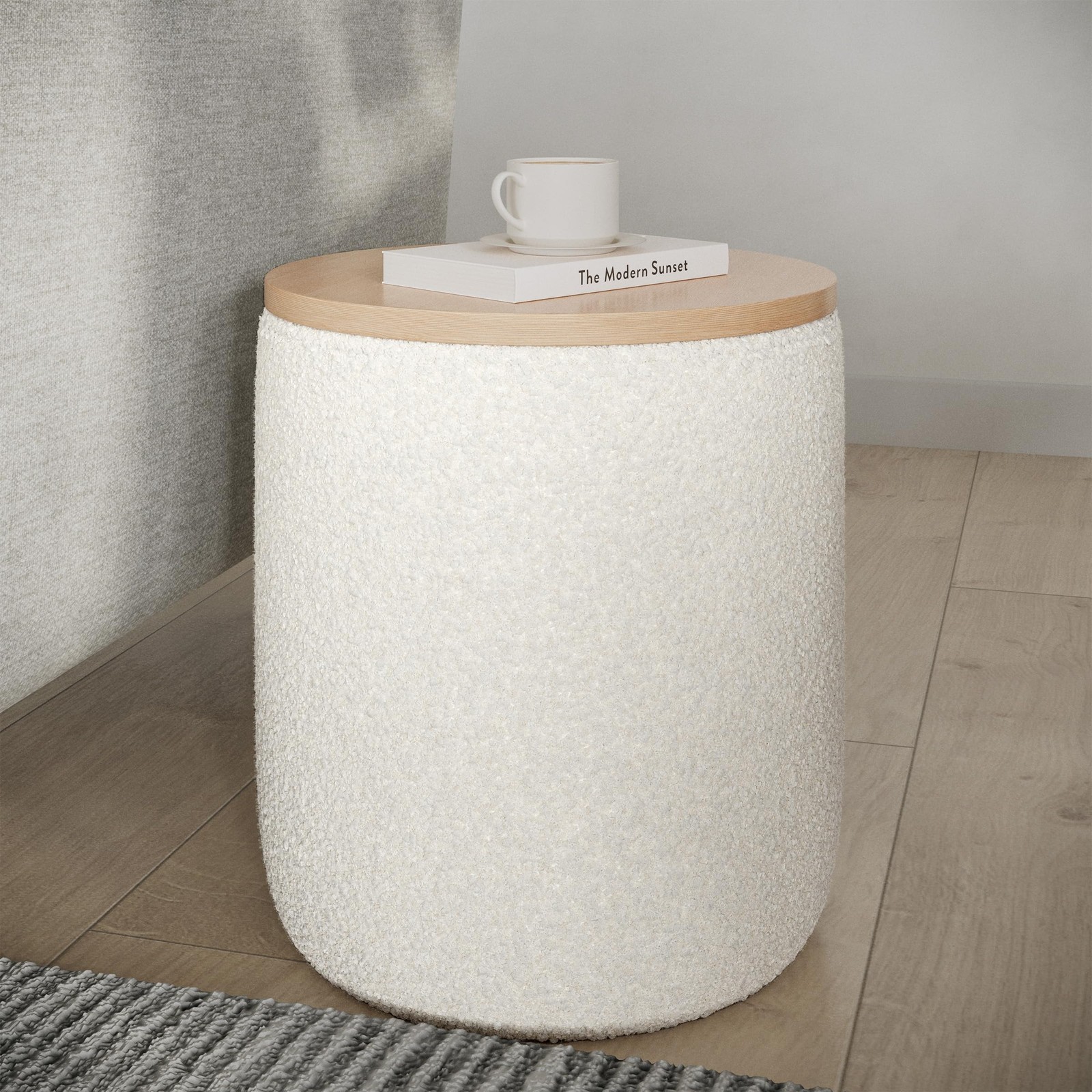 Storage Ottoman - Teddy Fabric Upholstered Ottoman with Wood Top for Living R...
