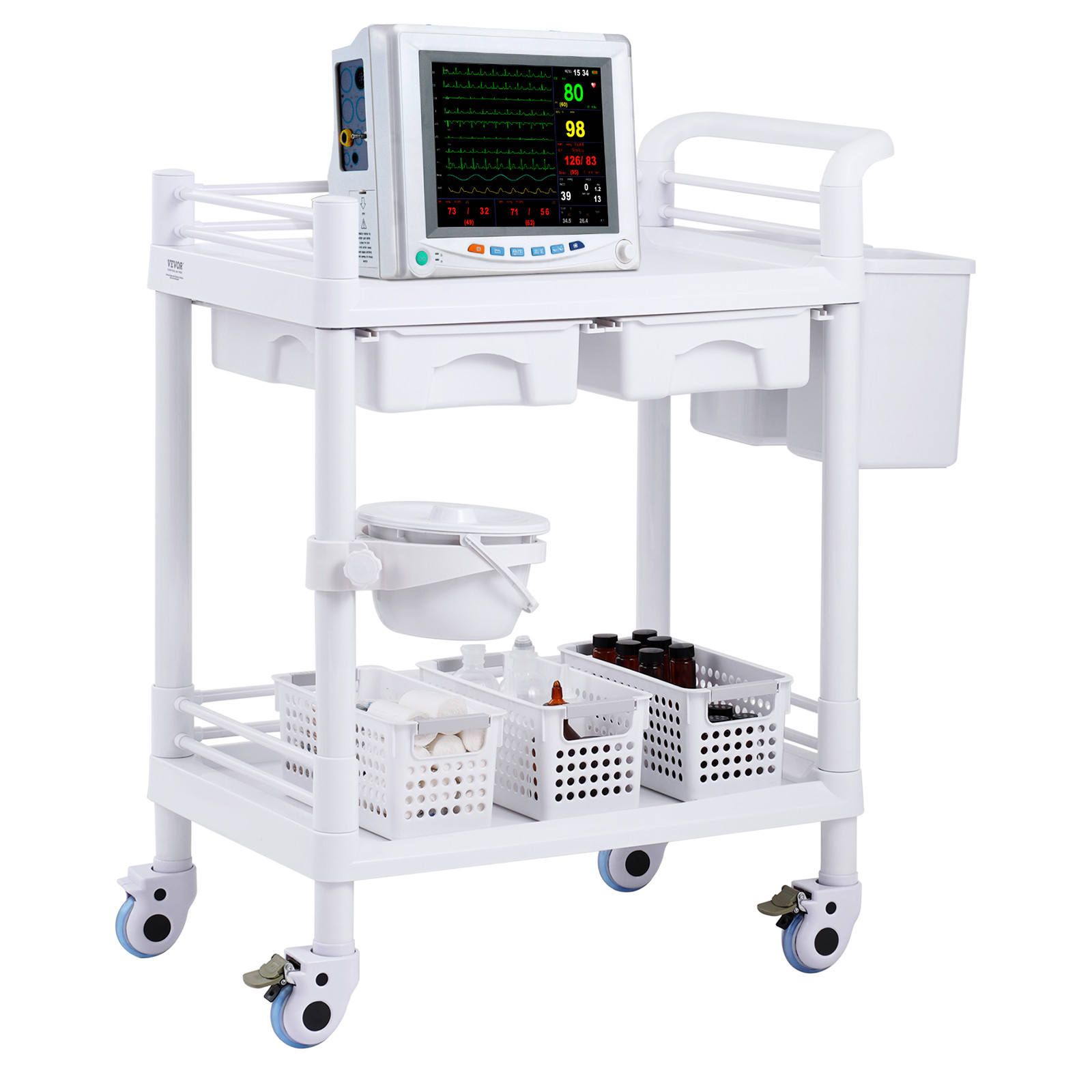 Uimoso 2 Tiers Lab Carts Mobile Medical Cart 2 Trays 2 Drawers 3 Trash Cans