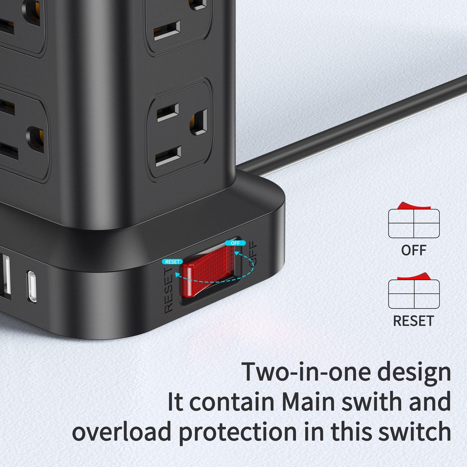 Extension Cord with Multiple Outlets, Surge Protector Power Strip Tower, 12 A...