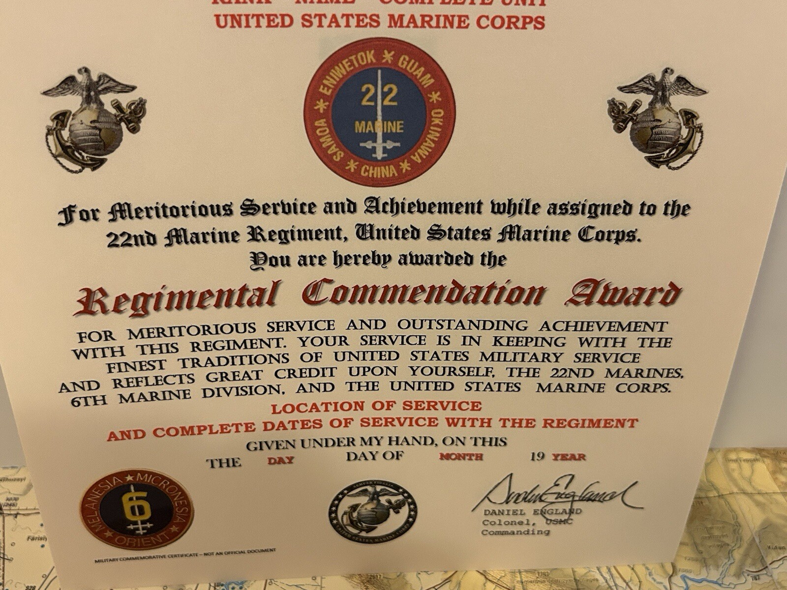 U.S.M.C. / 22ND MARINE REGIMENT - REGIMENTAL COMMENDATION AWARD CERTIFICATE