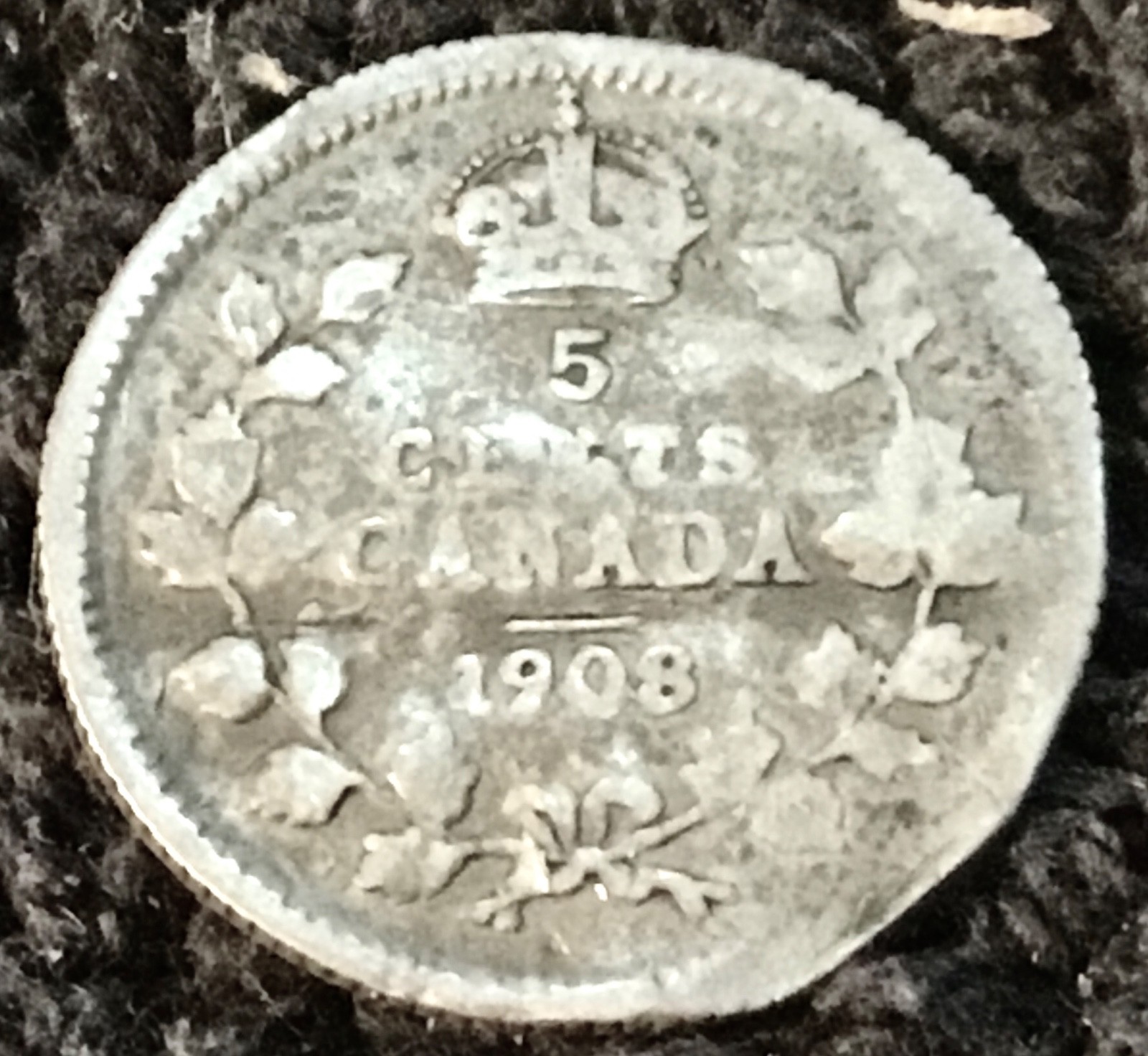 1908 CANADA KING EDWARD VII SILVER 5 CENT COIN SMALL 8, KM #13