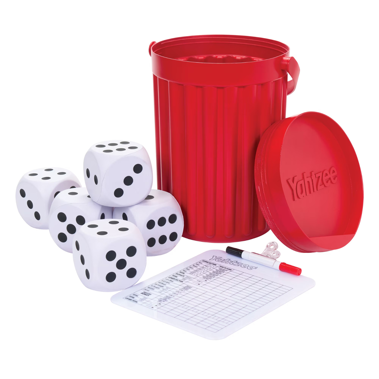 Giant Yahtzee – 5 Giant Foam Dice, Shaker Bucket, and Classic Dry Erase Scorecar