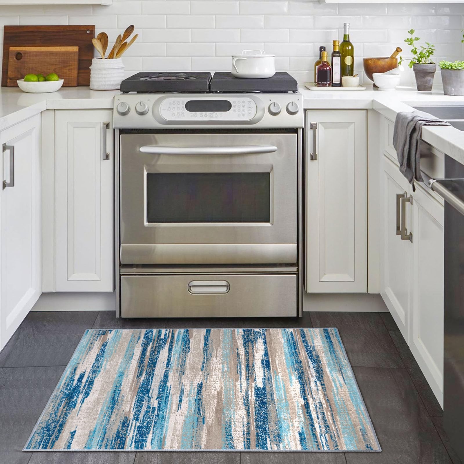 Lansny Small Abstract Area 2' x 3' (Rectangular), Blue Aqua/Beige Taupe Multi