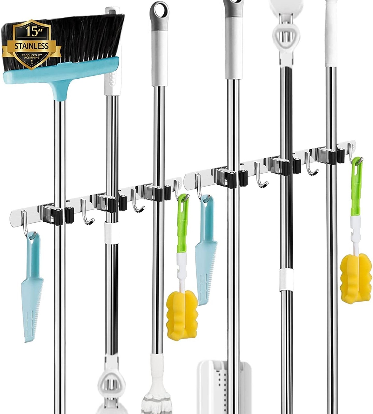2 Pack 3 Racks and 4 Hooks Broom and Mop Holder Wall Mounted Garage Organizer...