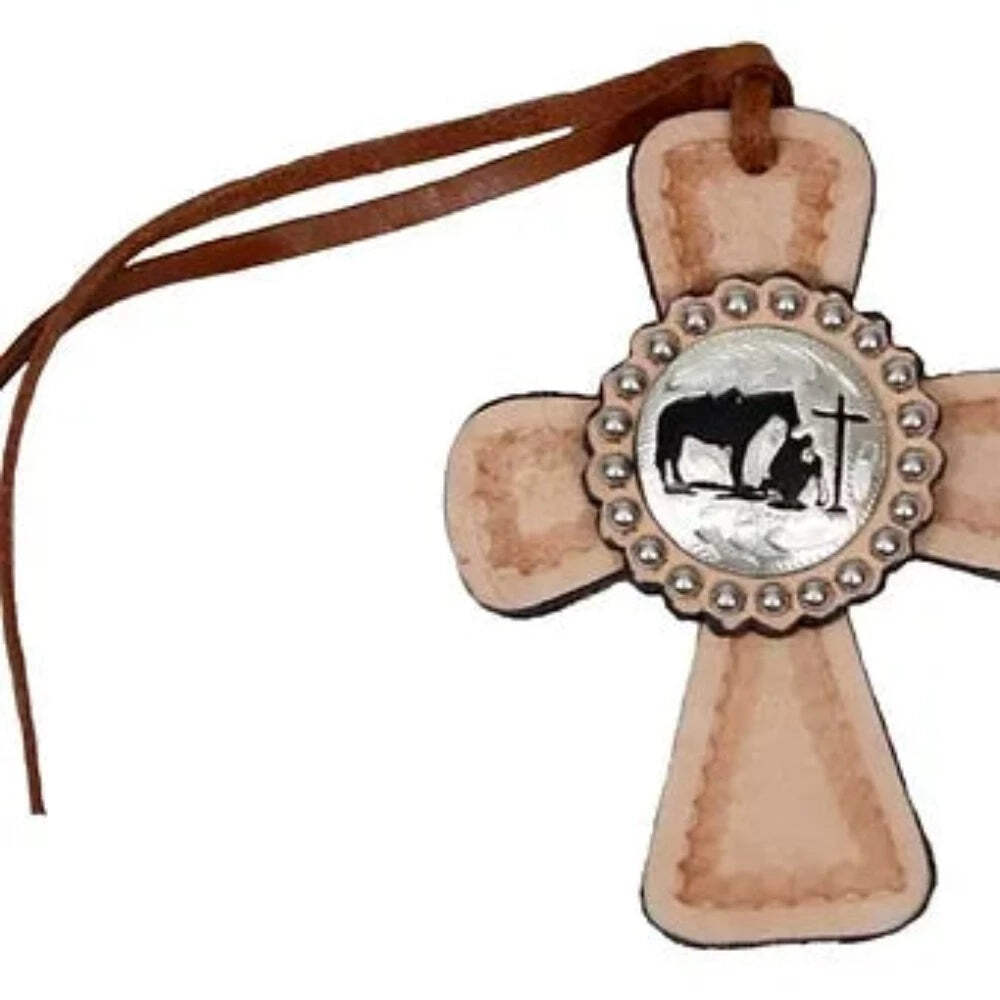 New! Leather cut out PRAYING COWBOY TIE ON w/ Horse & cross For horse saddle