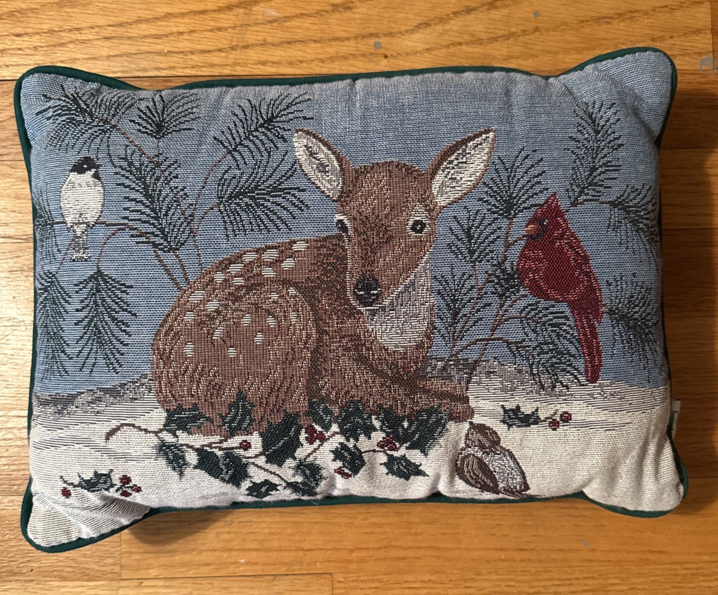 Vtg Riverdale Tapestry Deer Fawn Cardinal Winter Christmas Pillow Birds Made USA