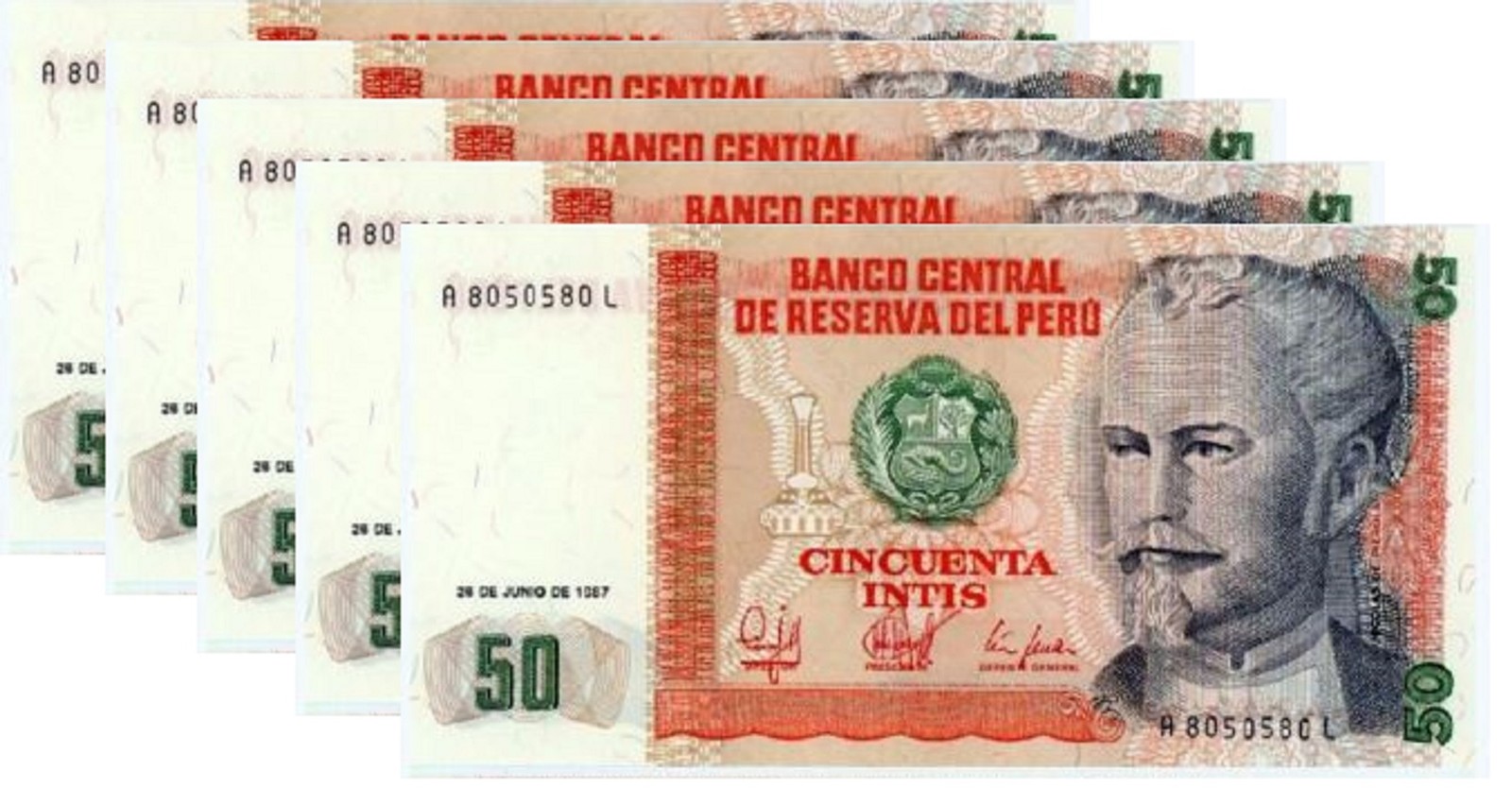 Peru 50 Intis 1987, Consecutive 5 Pcs Lot, Unc-, P-131B
