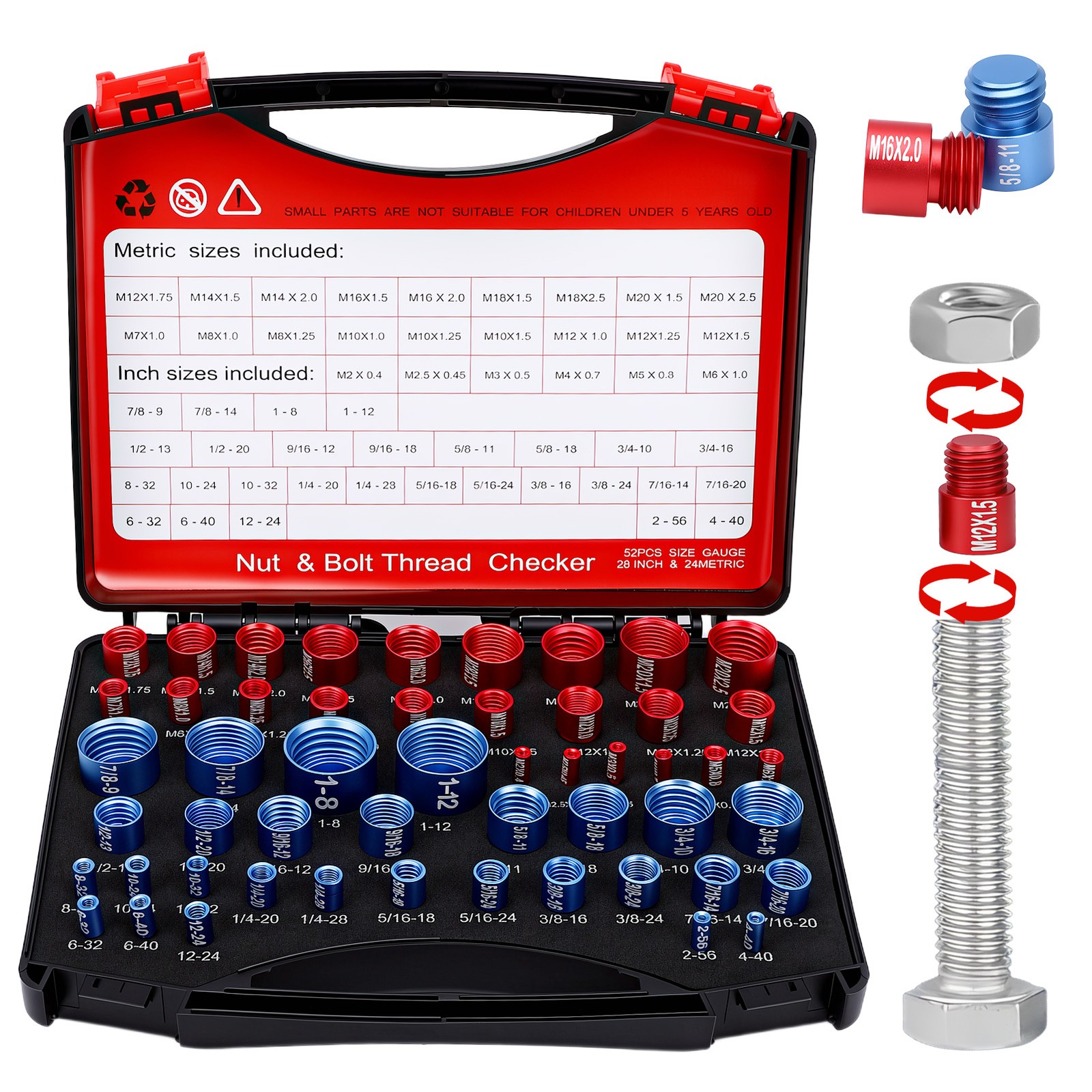 52pcs Inch & Metric Set Nut & Bolt Thread Checker Identifier Thread Gauges Box