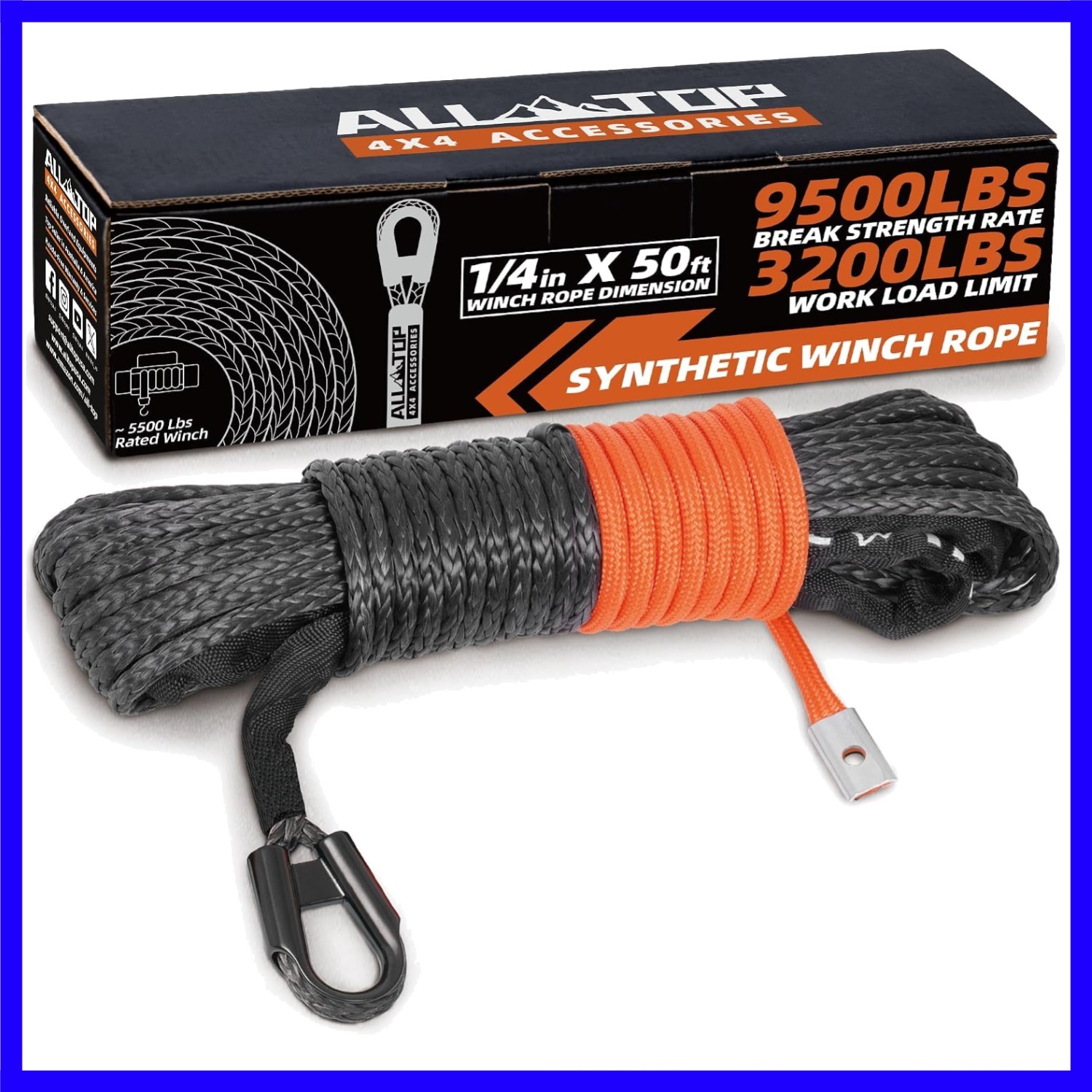 Synthetic Winch Rope Cable, 1/4" x50ft, 9500LBS Winch Replace Line with Prote...