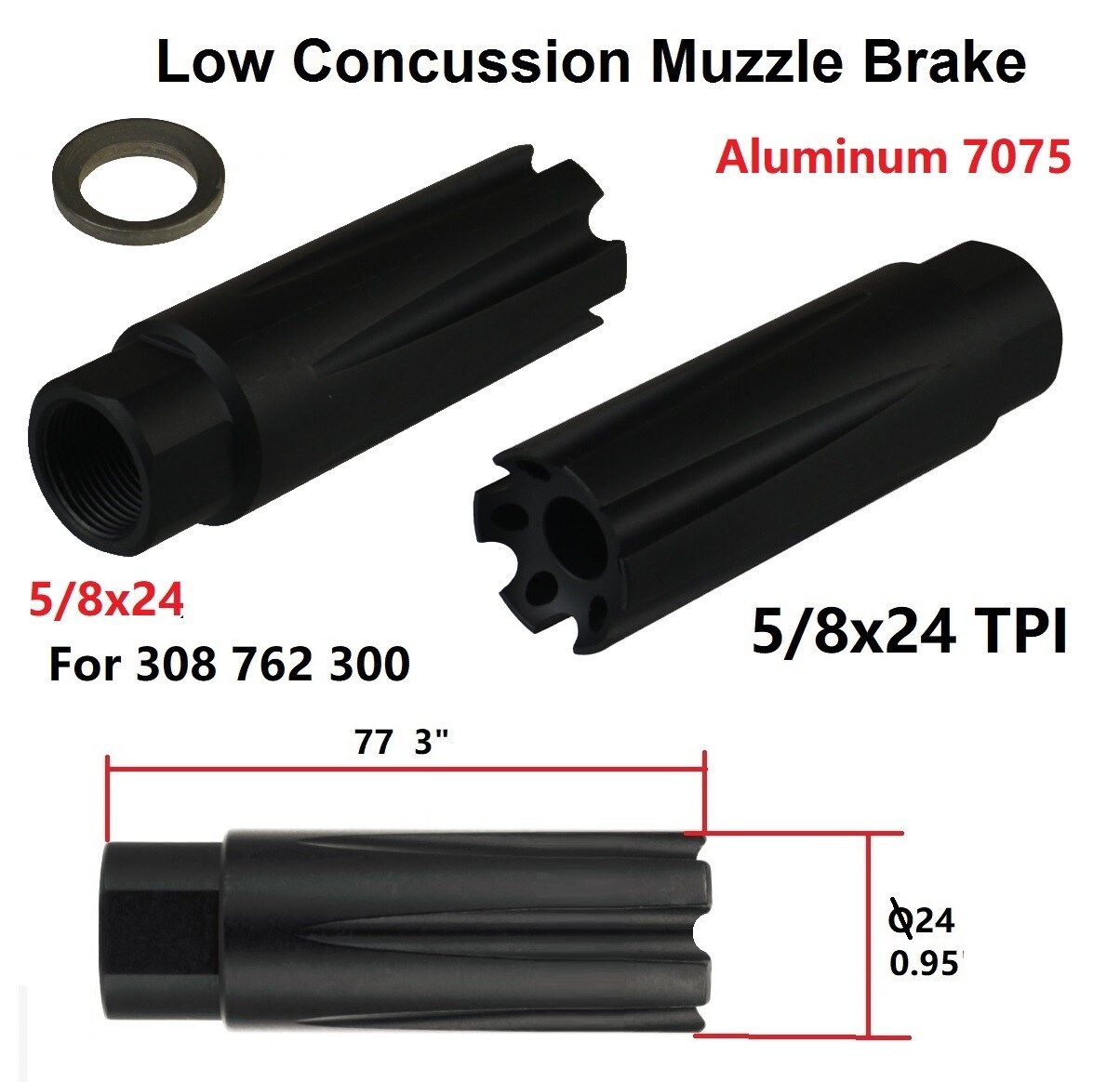 Al 7075 T6 Anodized Black 308 Linear Compensator Muzzle Brake 5/8x24 TPI .308