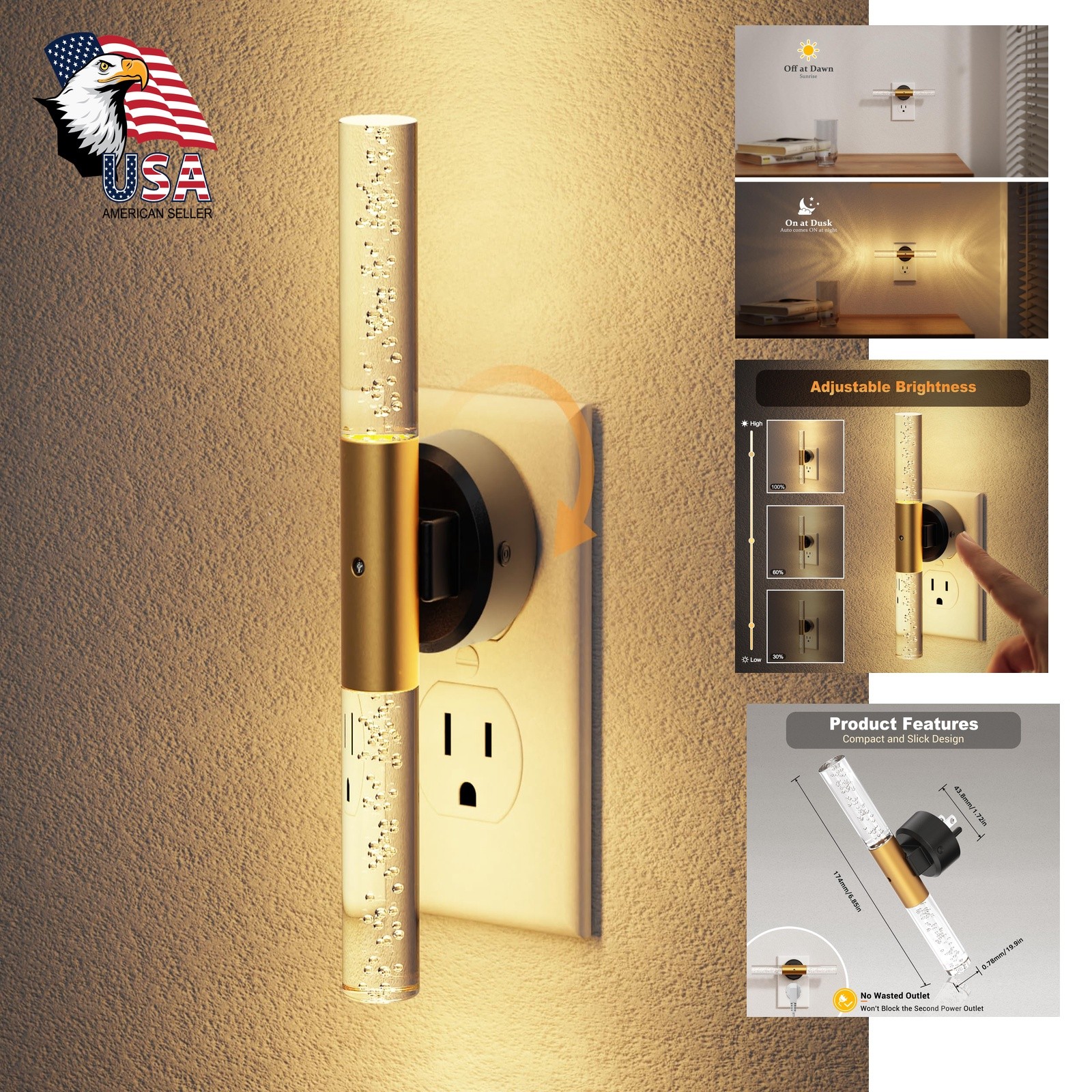 JandCase Gold 3000K 1 Pack Night Light Auto Sensor