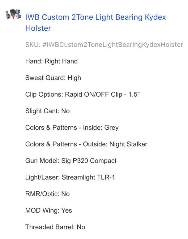 IKC - IWB Right Hand Draw Holster Light Bearing w/mod wing
