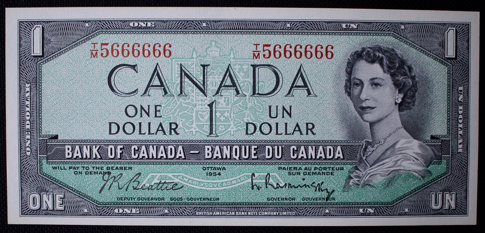 1954 BANK OF CANADA $1 BANK NOTE - Prefix T/M 5666666 - Beattie & Rasminsky