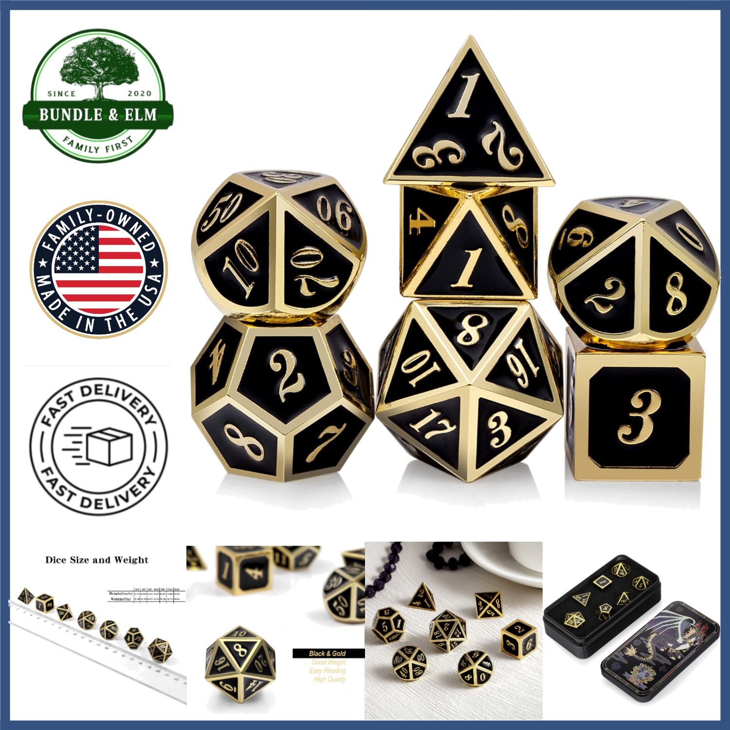7-Piece Metal Polyhedral Dice Set for Dungeons and Dragons RPG Games