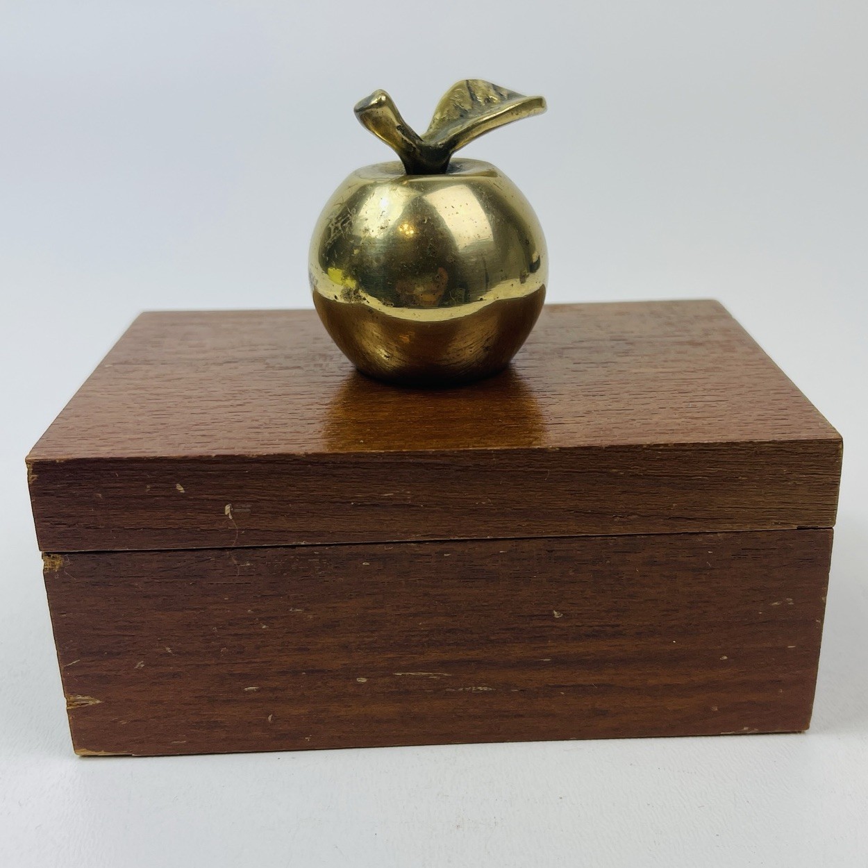 Vintage Brass Apple Lidded Wooden Trinket Box 4.5x3.5”