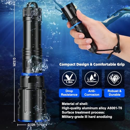 Scuba Diving Flashlight Dive Torch,High Lumens Black With Blue Accent