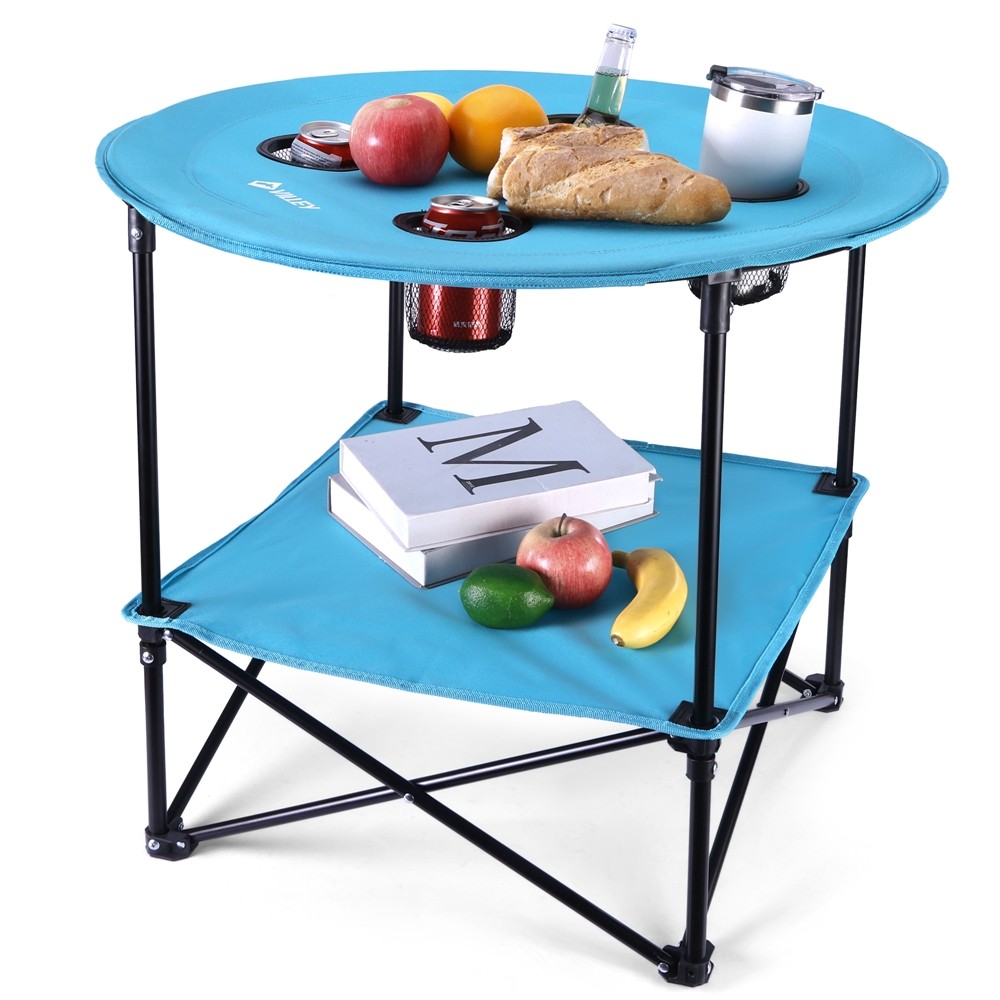 VILLEY Folding Camping Table Double-Layer Round Table w/4 Cup Holder & Carry Bag