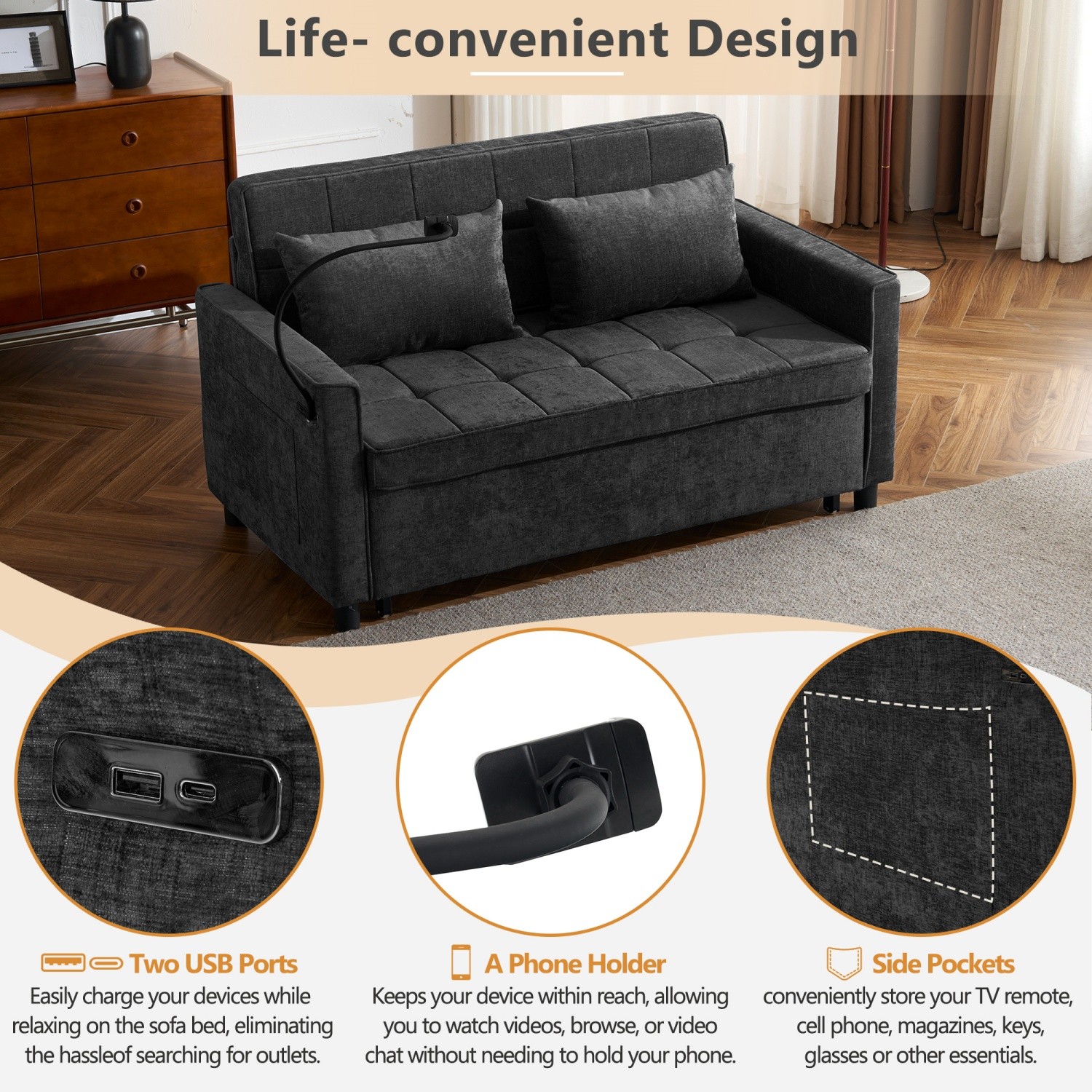 56.9'' Convertible Sleeper Sofa Bed Loveseat Sofa w/ Pull Out Bed & USB Ports