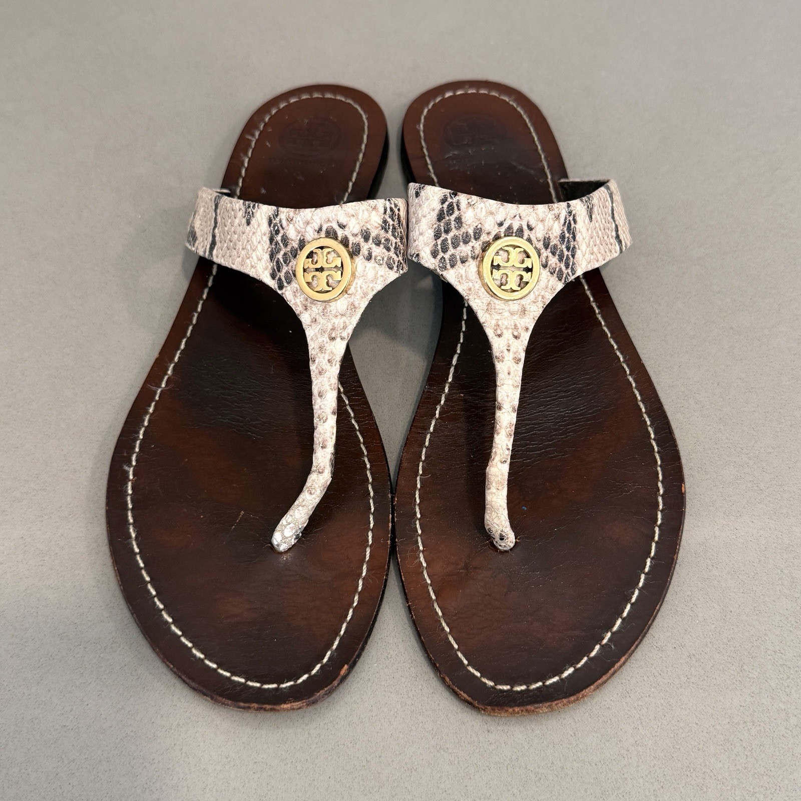 Tory Burch Cameron Flip Flops Women's 9.5M Python Leather Gold Resort Thong